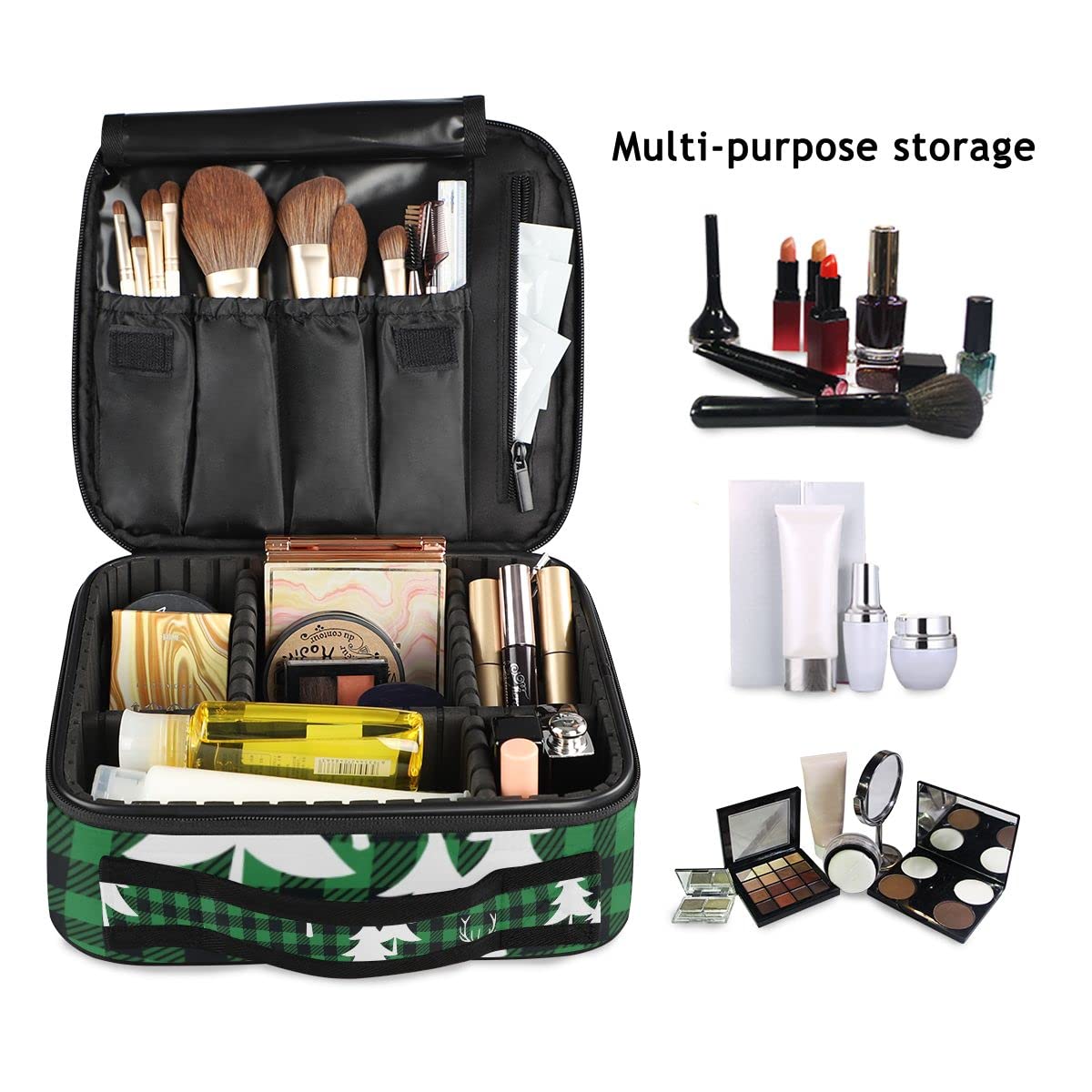 GAIREG Checkered Travel Makeup Bag with Butterfly Design - Portable Cosmetic Train Case Organizer for Women, Forest Plaid Pattern - Perfect for Travel, Gym, and Daily Makeup Storage