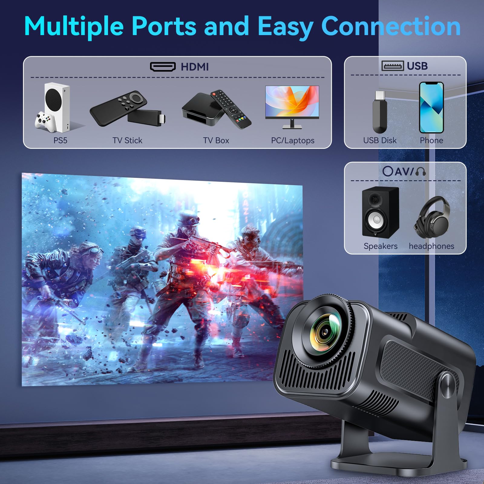 2024 Upgraded Smart Mini Projector with Android 11.0 - 1080P 4K Full HD Portable Projector | WiFi 6 & BT5.2 | 180° Adjustable Stand | Auto Keystone | Compatible with Phone/TV Stick/Laptop | Perfect for Home Theater, Outdoor Movie Nights & Office Presentations