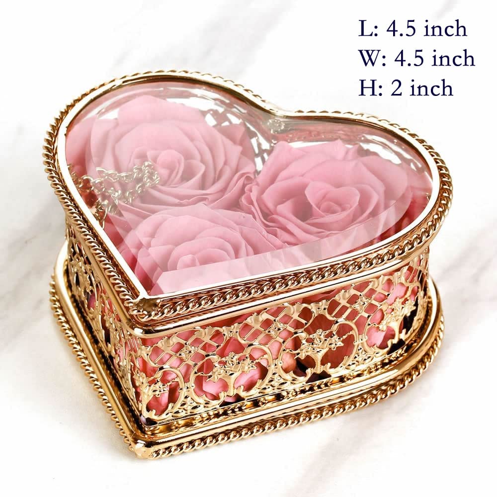 Enchanted Real Preserved Roses in Heart Shaped Box - Long Lasting Eternal Flowers for Valentine's Day & Mother's Day Gifts - Luxury Elegant Metal & Glass Display Case - Perfect for Romantic Surprises, Anniversary Presents & Home Decor