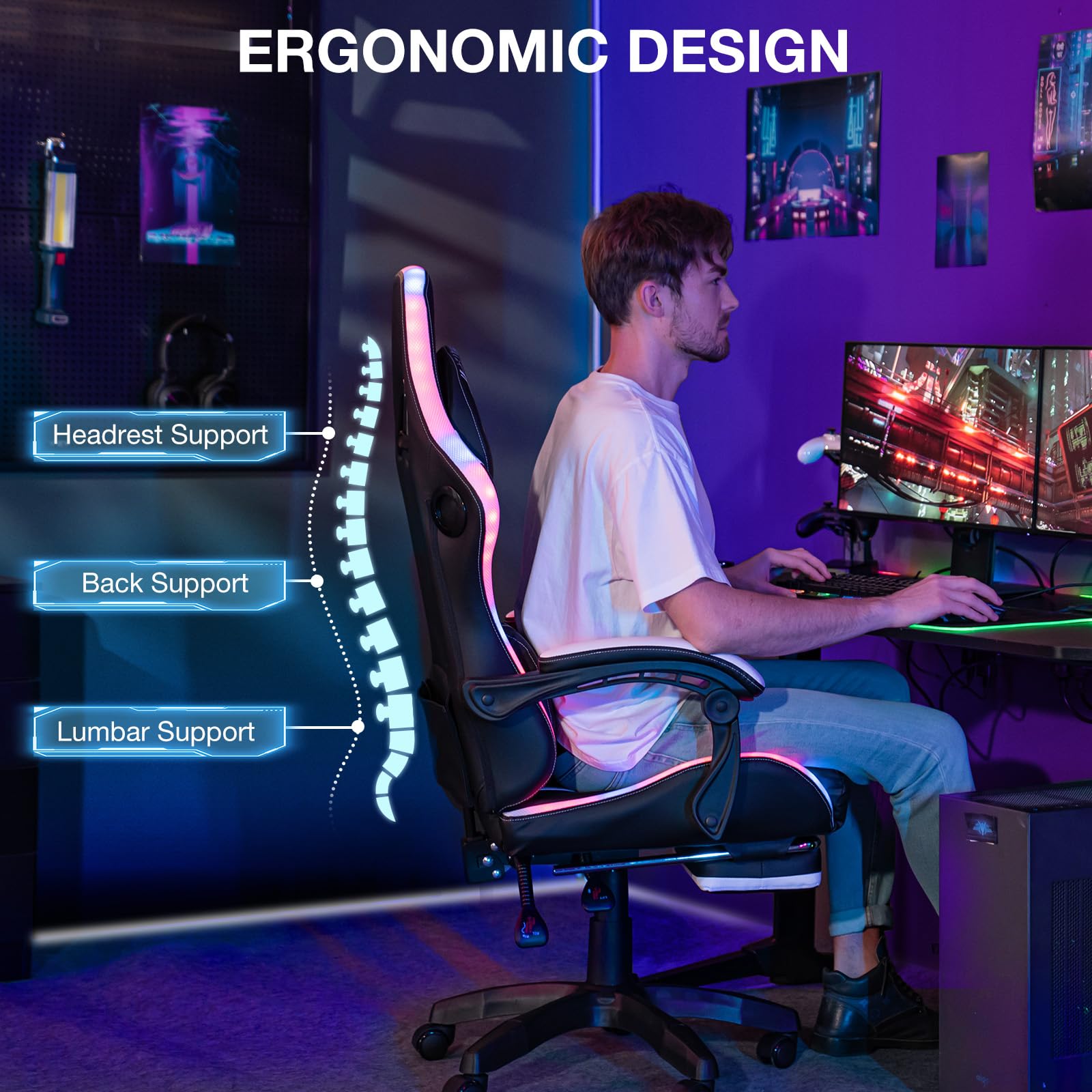 HOFFREE LED Gaming Chair with Massage & Bluetooth Speakers - Ergonomic Big and Tall PC Gaming Chair with Adjustable Footrest - Heavy Duty 400lbs Capacity Computer Desk Chair for Adults (White & Black) - Perfect for Esports, Streaming & Home Office Setup