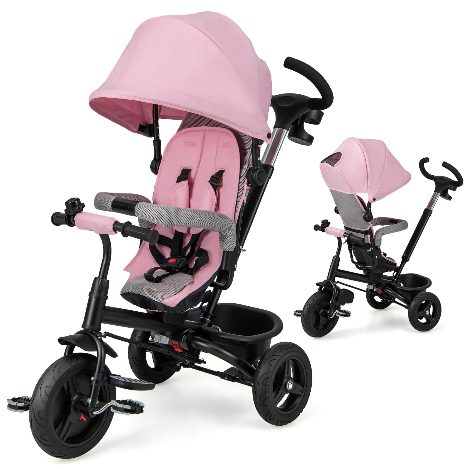 HONEY JOY 6-in-1 Convertible Kids Tricycle with Adjustable Push Handle & Canopy - Reversible Seat, Safety Belt, Folding Pedals, Cup Holder & Storage - Toddler Tricycle for Ages 9 Months to 5 Years (Pink) - Perfect for Outdoor Play, Park Rides & Neighborhood Strolls