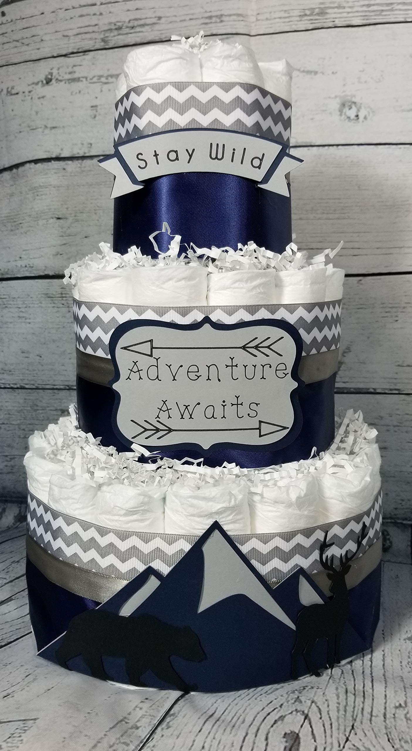 3 Tier Mountain Diaper Cake for Baby Shower - Blue Boy Baby Shower Gift, Diaper Tower Centerpiece for Nursery Decor & Gender Reveal Party
