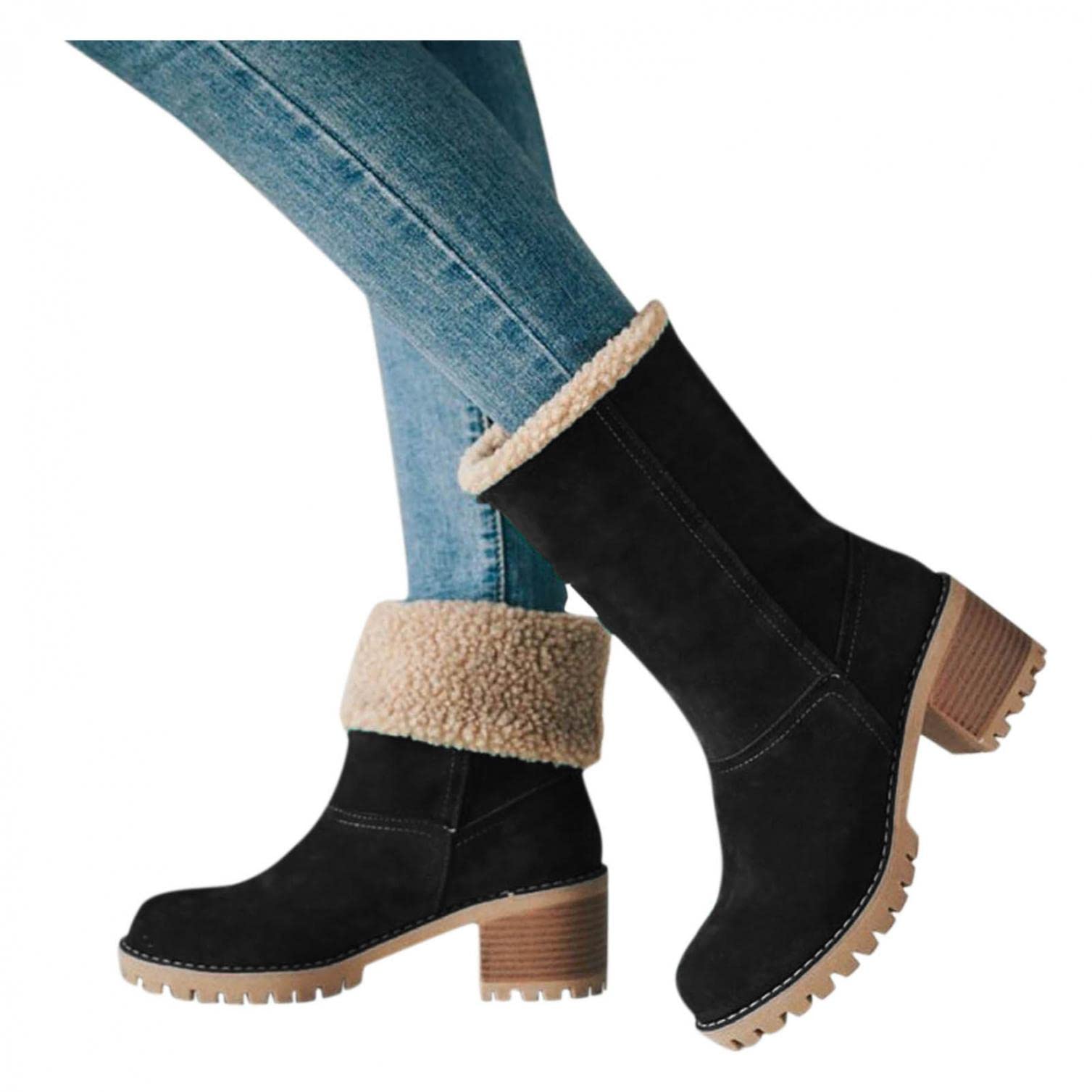 UOCUFY Women's Winter Boots with Heel - Anti-Slip Mid Calf Snow Boots with Warm Faux Fur Lining | Perfect for Cold Weather, Snowy Days & Outdoor Activities