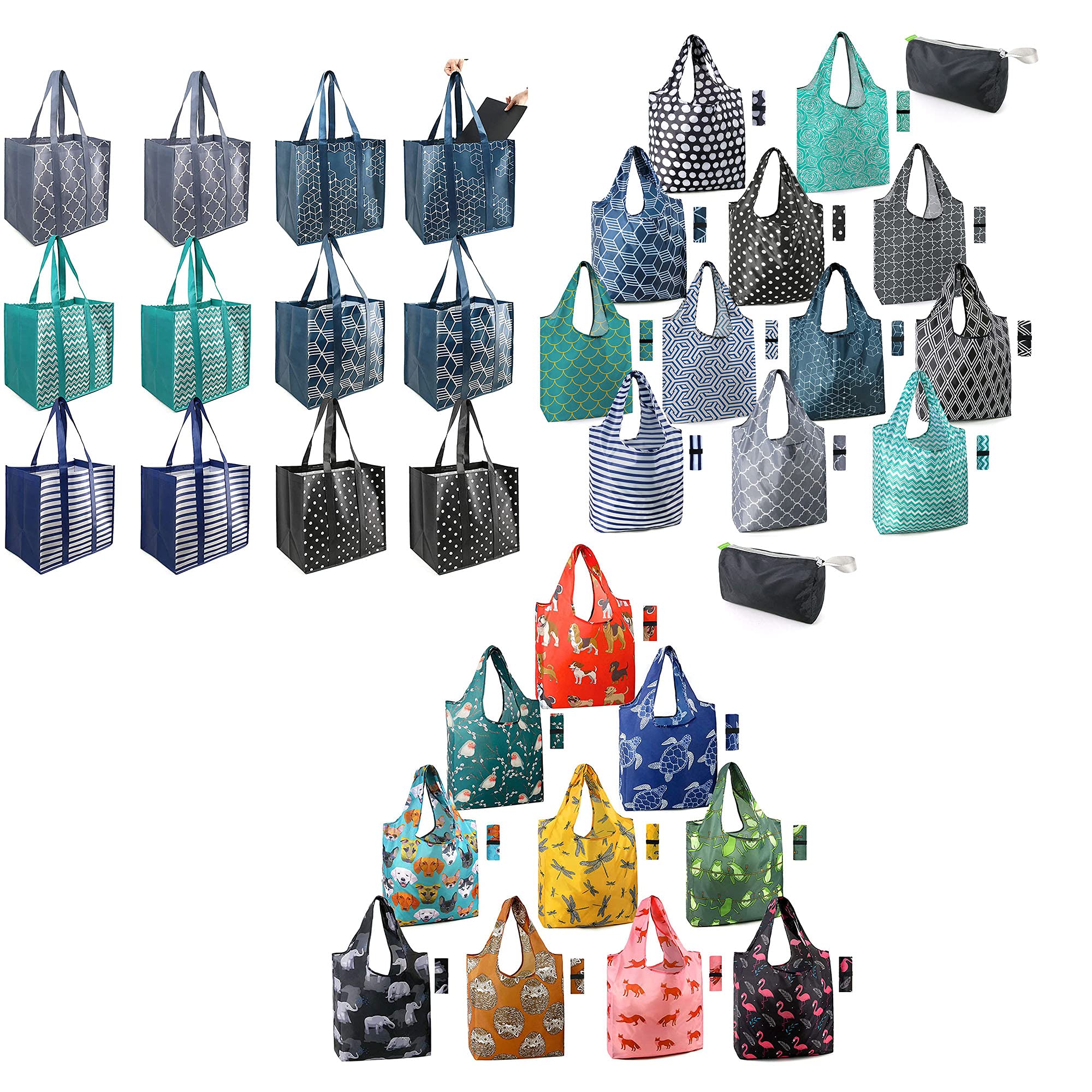 BeeGreen Reusable Grocery Bags - 34 Pack Large Durable Shopping Totes with Zippered Storage Pouch | Lightweight, Washable & Foldable Eco-Friendly Bags for Groceries, Farmers Market, Beach Trips & Travel