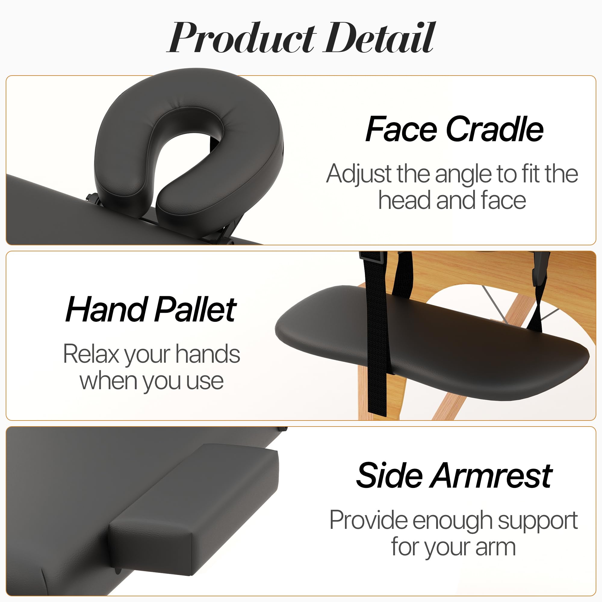 Portable 3-Section Foldable Massage Table - Adjustable Height Tattoo & Lash Spa Bed with Face Cradle - Lightweight Wood Frame Salon Bed for Home & Professional Use - Perfect for Massage Therapists, Tattoo Artists & Beauty Salons (Black)