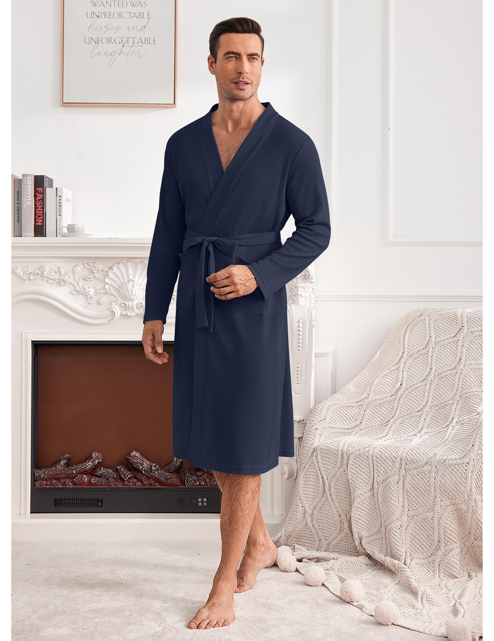 Ekouaer Men's Lightweight Waffle Knit Bathrobe - Soft Kimono Style Spa Robe with Pockets, V-Neck Long Sleeve Sleepwear for Shower, Lounge & Relaxation at Home