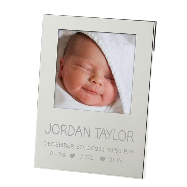 Personalized Baby Birth Information Engraved Silver Picture Frame - Newborn Keepsake Gift for Christening, Baby Shower & Nursery Decor