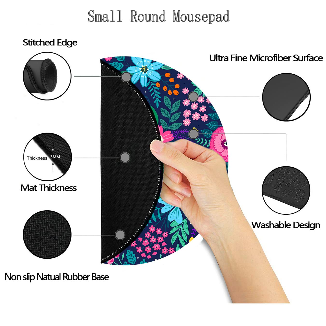 Premium Round Gaming Mouse Pad - Non-Slip Rubber Base with Stitched Edge (7.9 x 7.9 Inch) for PC, Laptop & Office - Floral Design for Gamers & Professionals - Perfect for Work, Gaming & Home Office Use