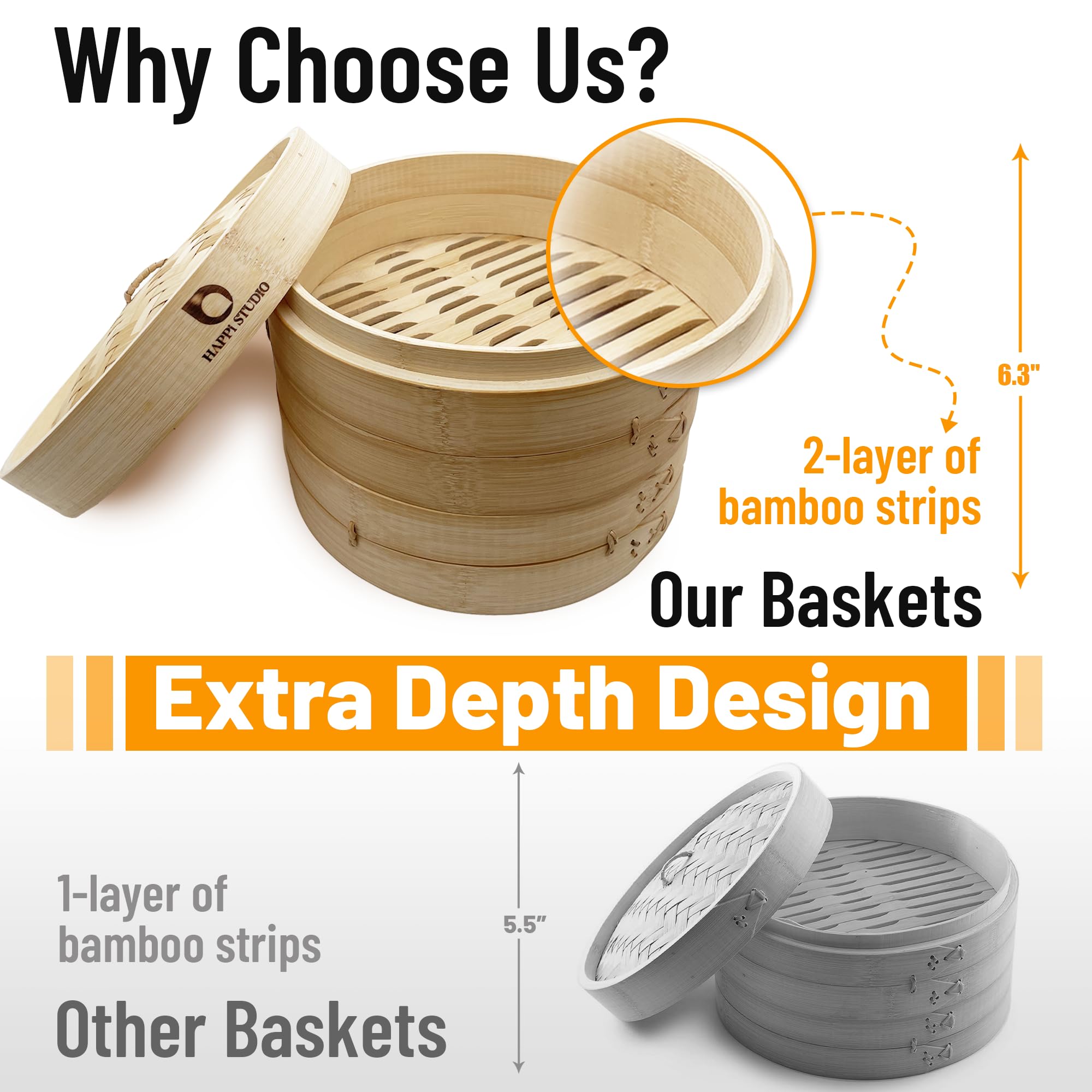 2-Tier 10 Inch Bamboo Steamer Basket for Dim Sum, Momo & Bao Buns - Natural Chinese/Japanese Dumpling Steamer for Healthy Cooking - Perfect for Asian Cuisine, Homemade Dumplings & Restaurant-Style Steam Dishes