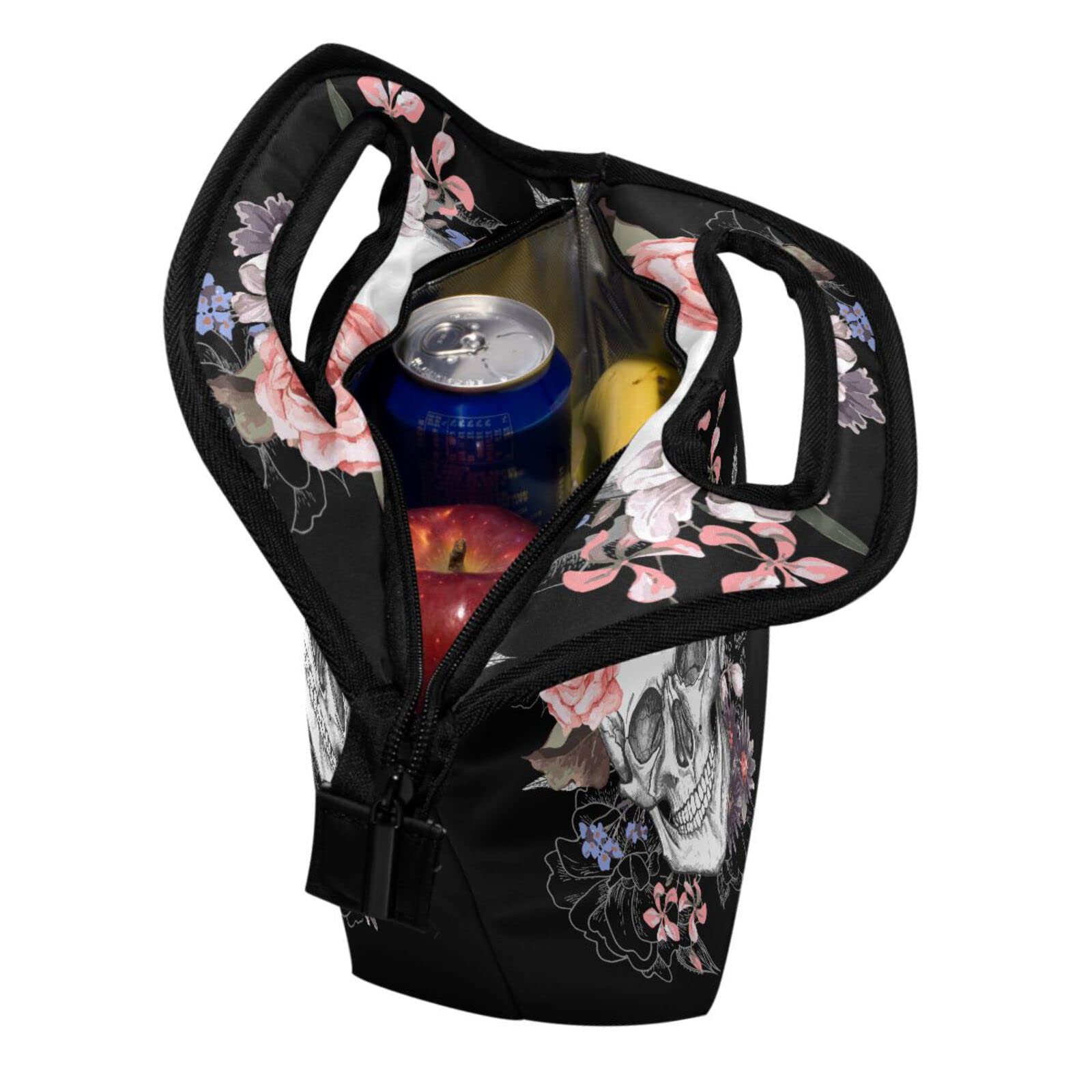 Wamika Insulated Sugar Skull Skeleton Lunch Bag - Freezable Rose Floral Design Lunch Tote Cooler for Women & Men - Perfect for Work, School, Picnic, Travel & Outdoor Activities - Reusable Lunch Box Handbag