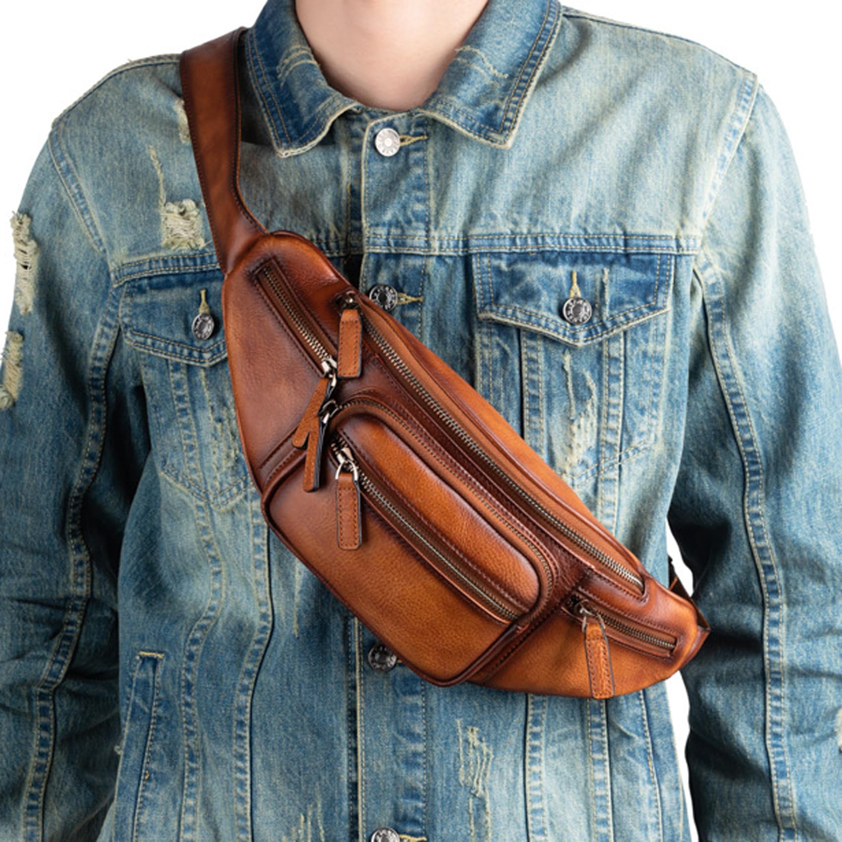 Genuine Leather Waist Pack for Men & Women - Crossbody Fanny Pack with Multiple Pockets - Travel, Hiking & Everyday Use (Brown)
