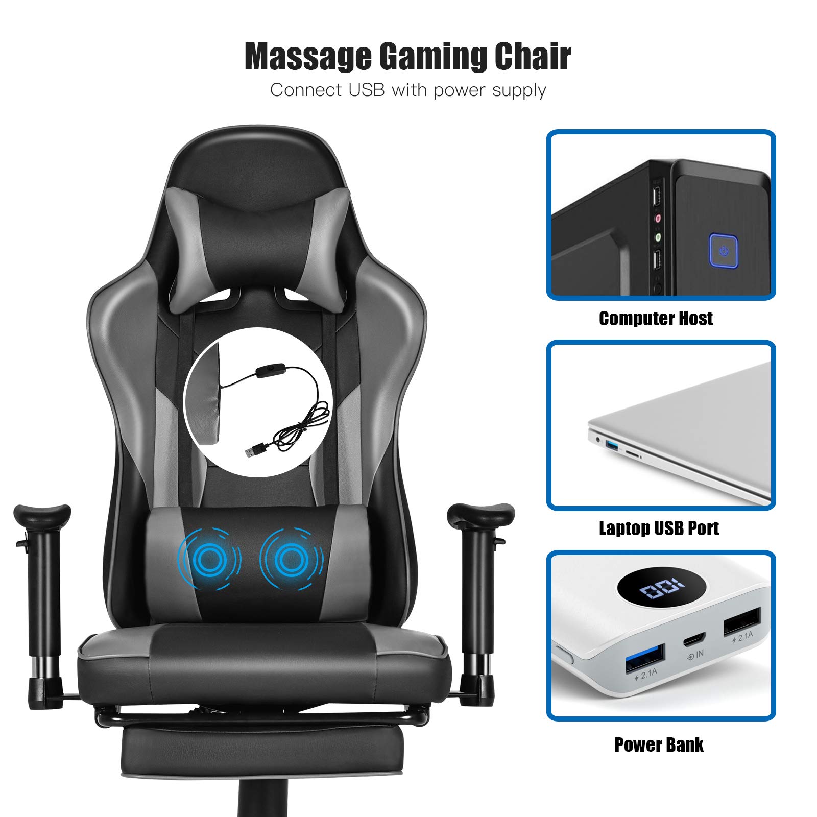 GYMAX Ergonomic Gaming Chair - High Back Computer Chair with Adjustable Armrests, Lumbar Support & Massage - Swivel Reclining Office Chair for PC Gamers & Home Office (Black) - Perfect for Esports, Streaming & Long Work Sessions