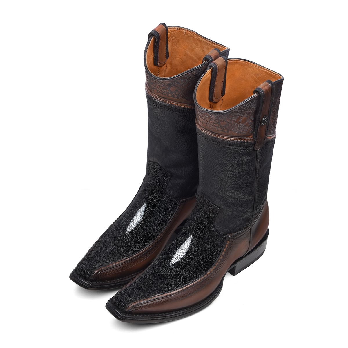 1B1DMA Men's Black & Brown Casual Cowboy Stingray Boots - Western Style Leather Rodeo Boots for Country Dancing, Horseback Riding & Outdoor Adventures