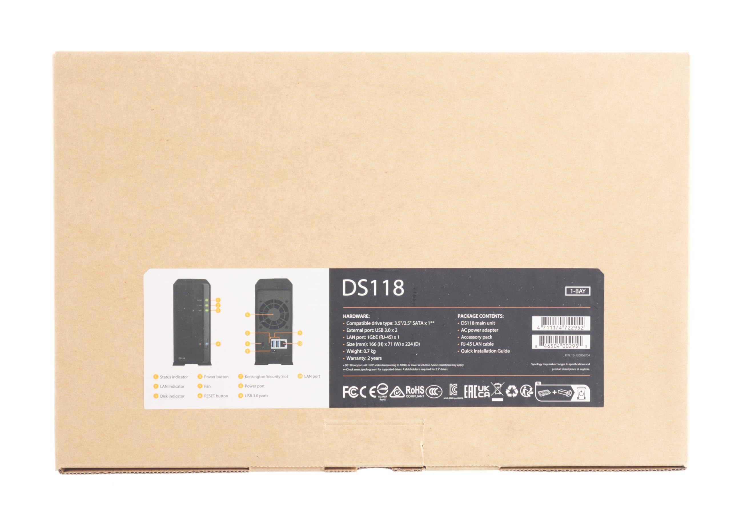 Synology DS118 1-Bay Desktop NAS Storage Enclosure - High-Performance Network Attached Storage for Home & Small Office Data Backup, Media Streaming & File Sharing