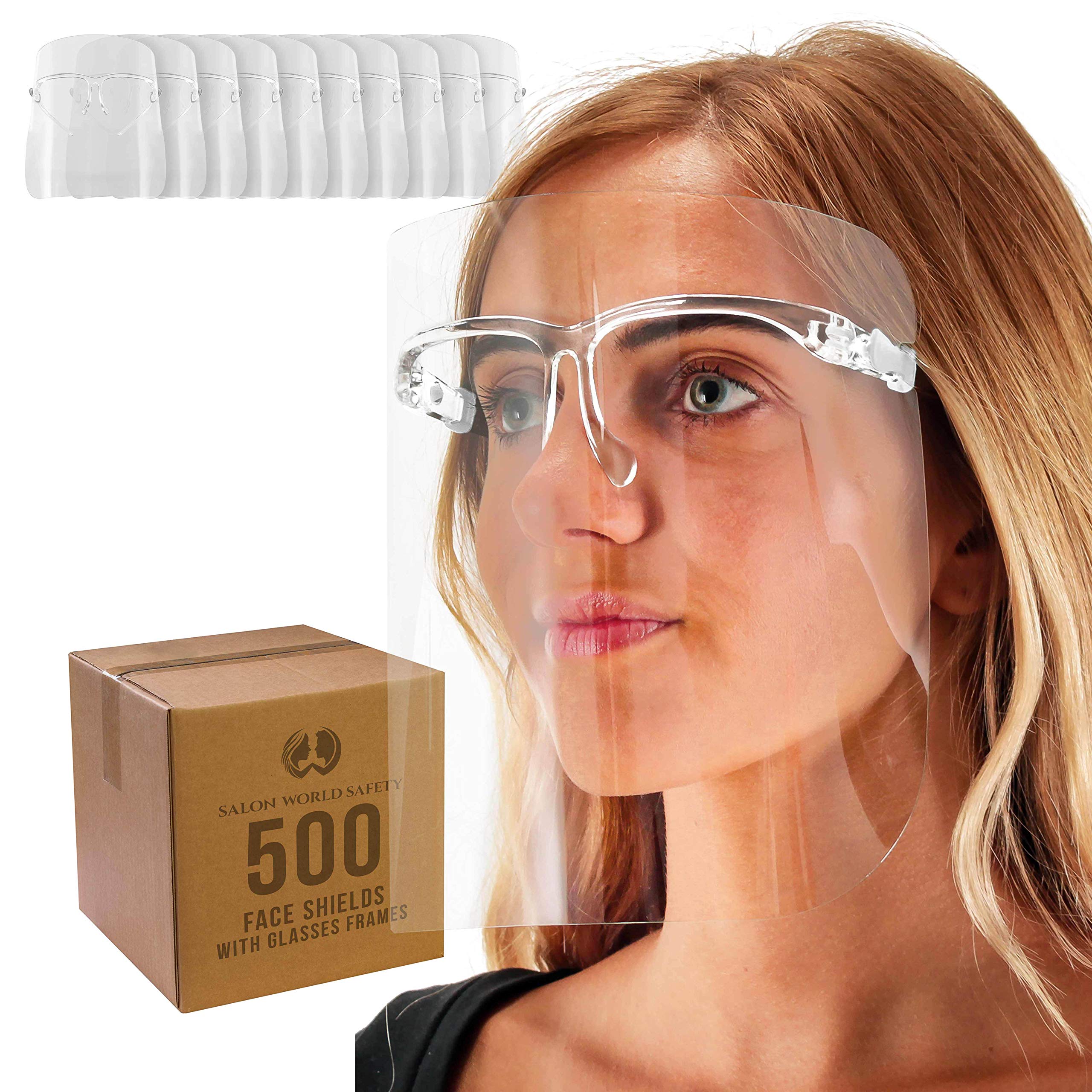 TCP Global Salon World Safety Face Shields with Clear Glasses Frames (500-Pack) - Ultra Clear Full Face Protection for Eyes, Nose & Mouth - Anti-Fog PET Plastic Shields - Ideal for Salons, Healthcare & Industrial Use