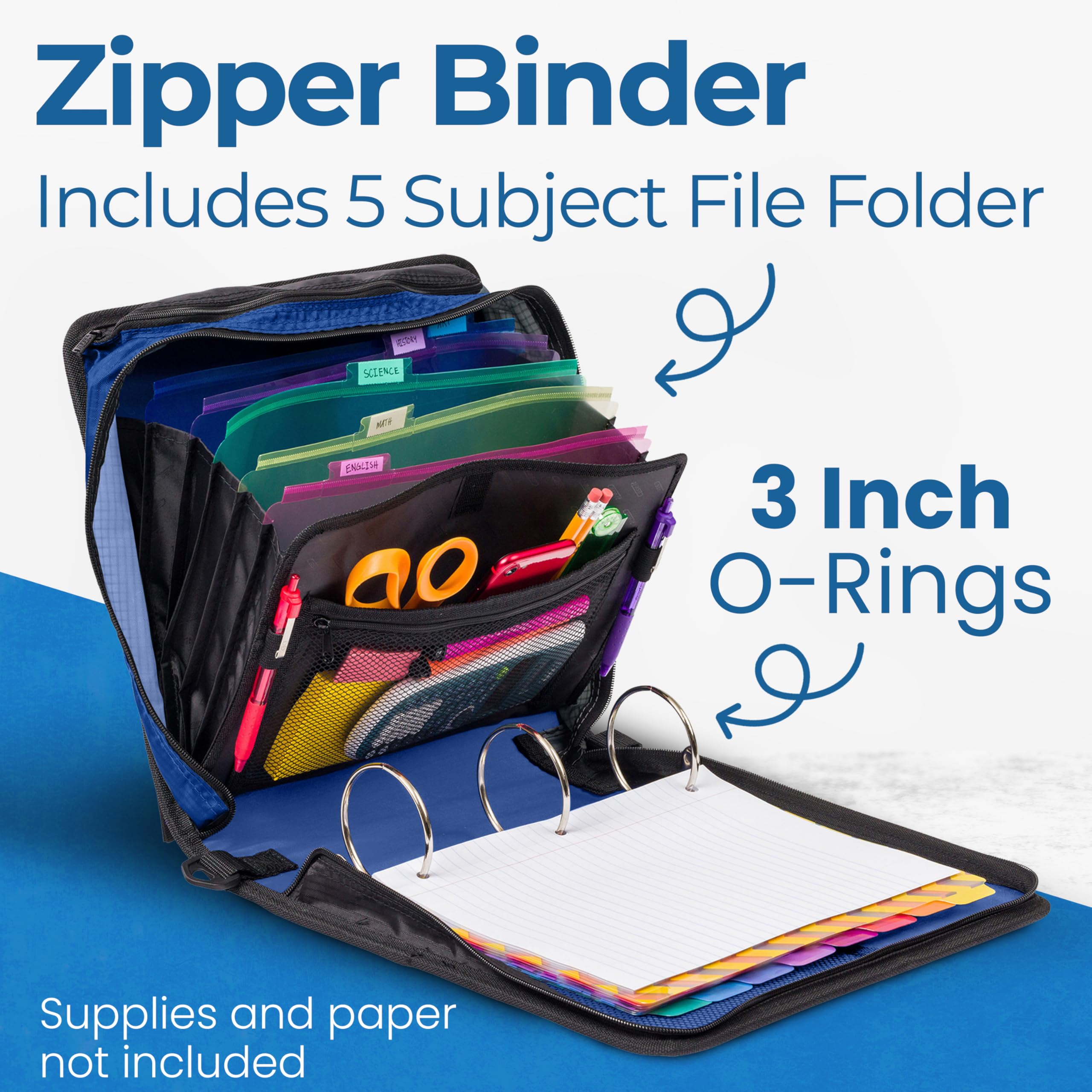 Case-it Mighty Zip Tab Zipper Binder - 3 Inch O-Ring with 5 Color Tabs, Expanding File Folder, Adjustable Shoulder Strap & Handle (D-146 Desert Night) - Perfect for School, Office & Travel Organization