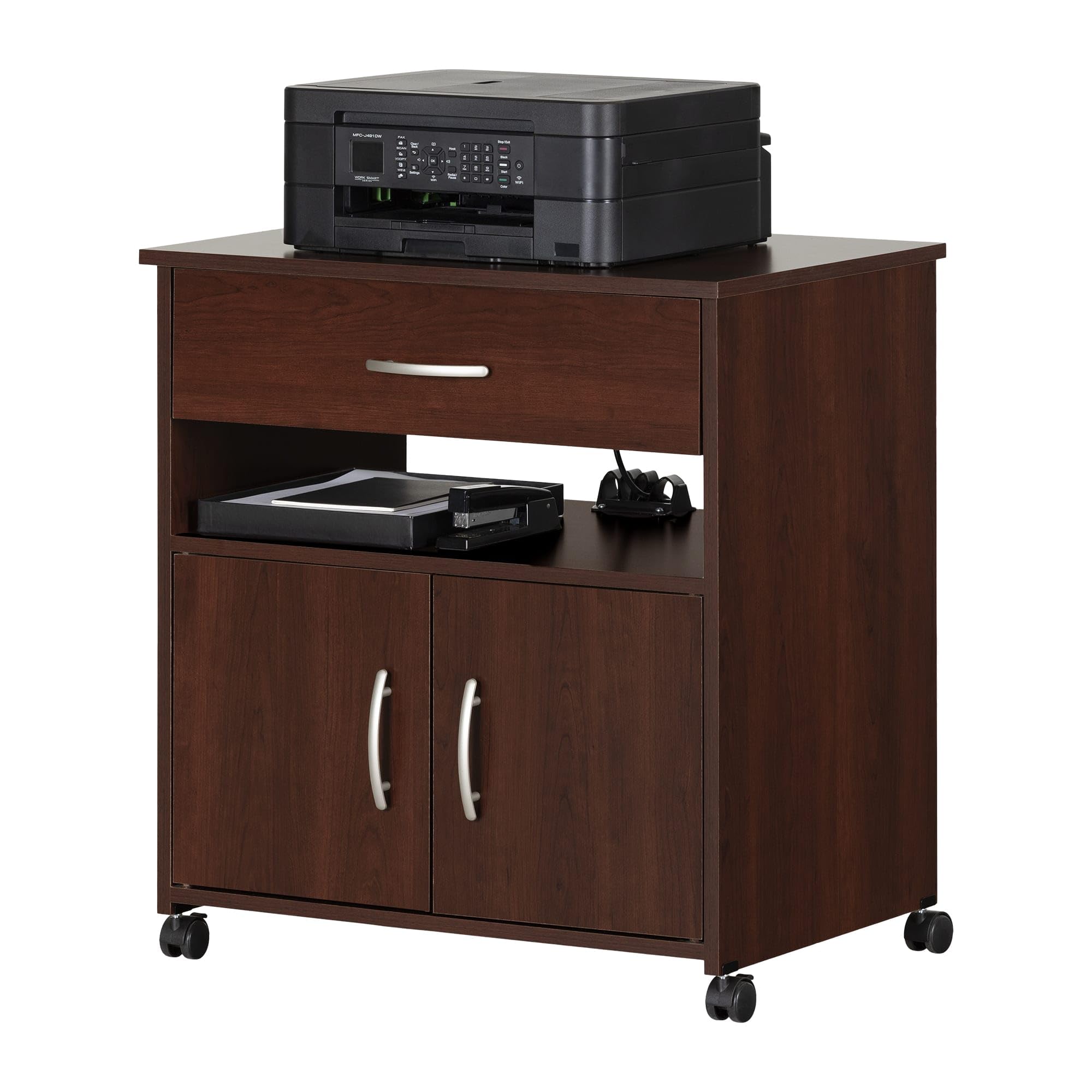 South Shore Axess Mobile Printer Cart with Wheels, Royal Cherry - Compact Rolling Desk Organizer for Home Office, School, or Workspace (Model 9052691)