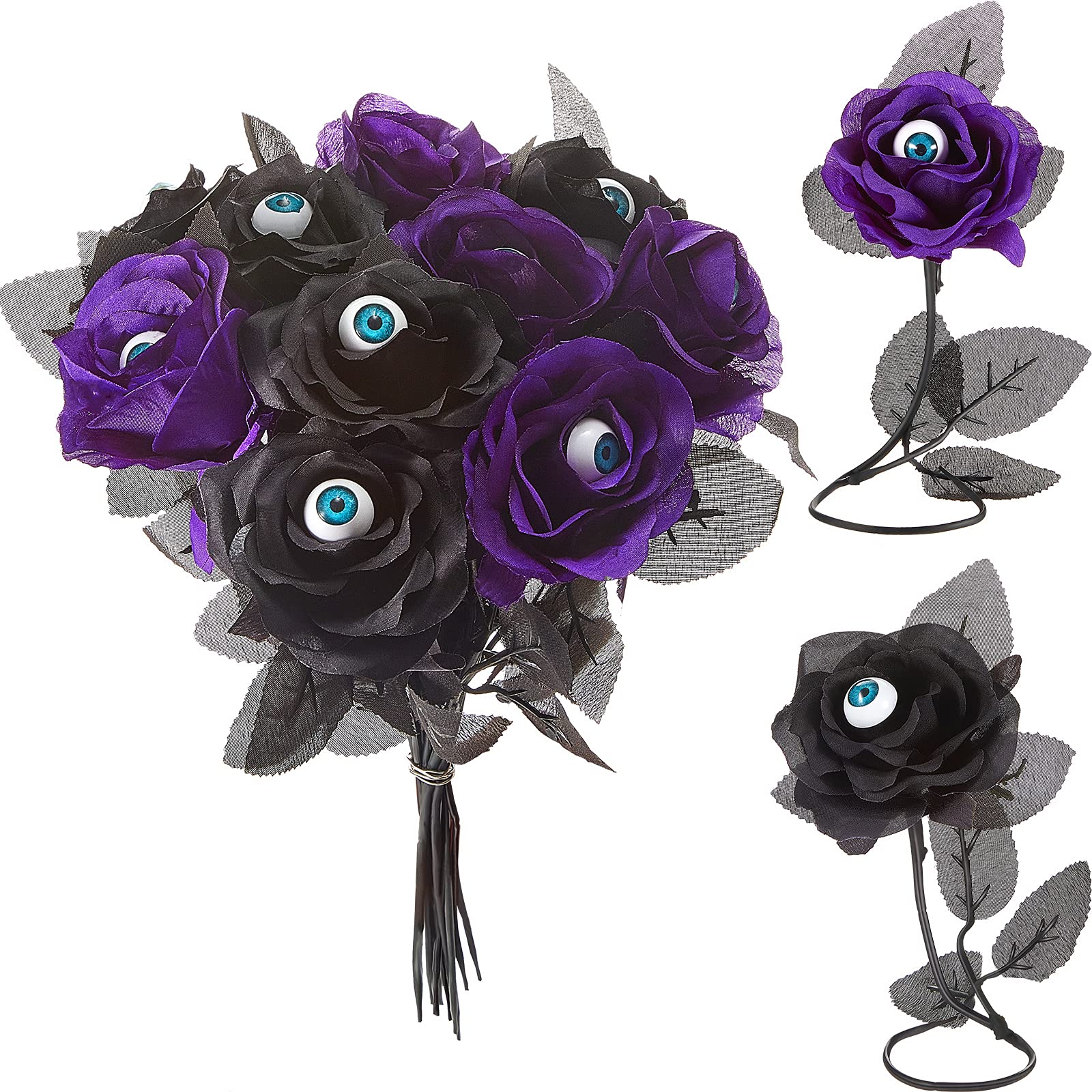 MTLEE 12-Pack Halloween Eyeball Flowers - Artificial Silk Roses with Creepy Eyeballs for Gothic Decor, Halloween Party Supplies, Home Decoration (Black & Purple) - Perfect for Spooky Centerpieces, Haunted House Props & Gothic Wedding Bouquets