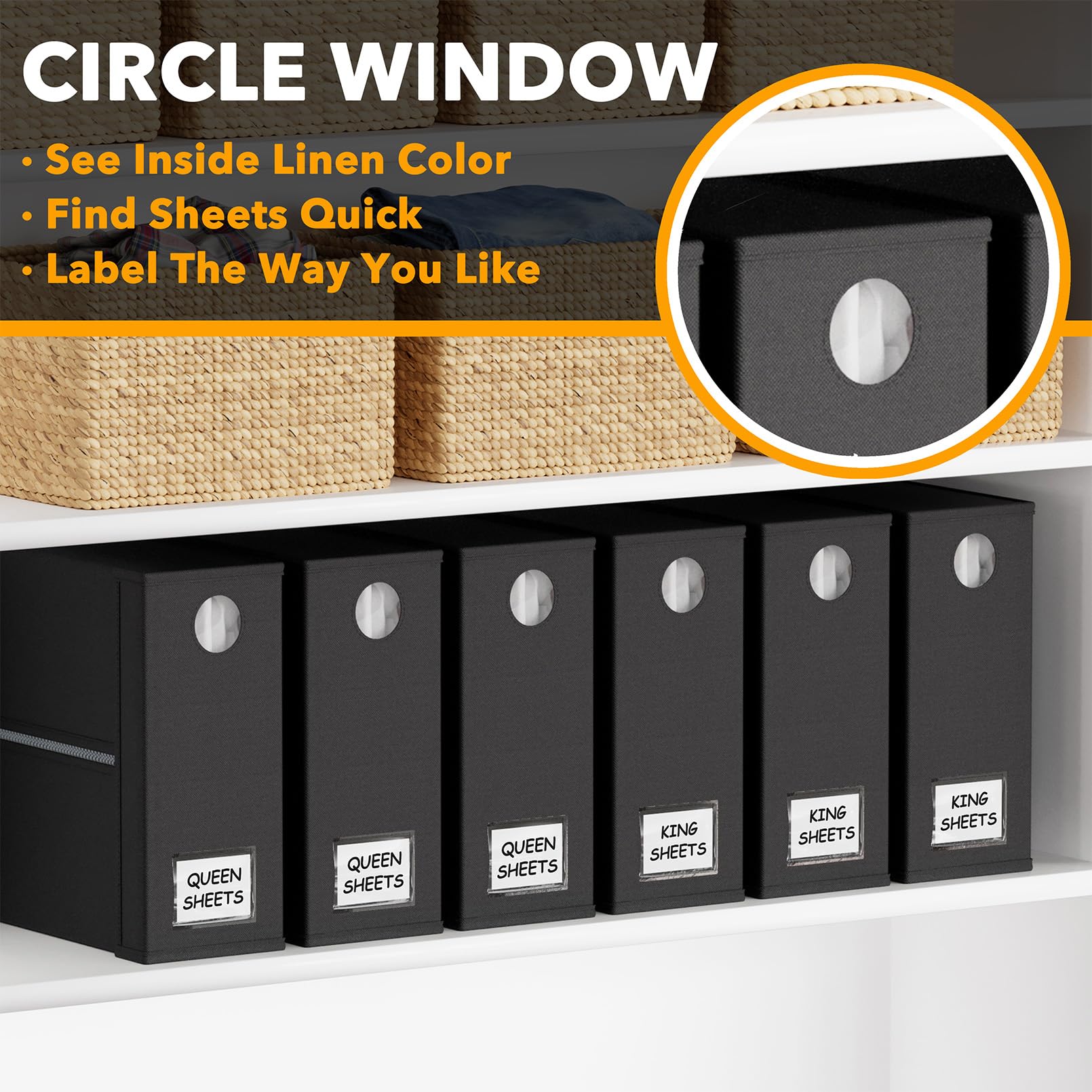 SpaceAid 6 Pack Foldable Bed Sheet Organizers with Clear Window - Queen & King Size Linen Storage Bags for Closet - Black Bedding Set Folder Keepers (Perfect for Organizing Seasonal Linens & Guest Room Preparation)