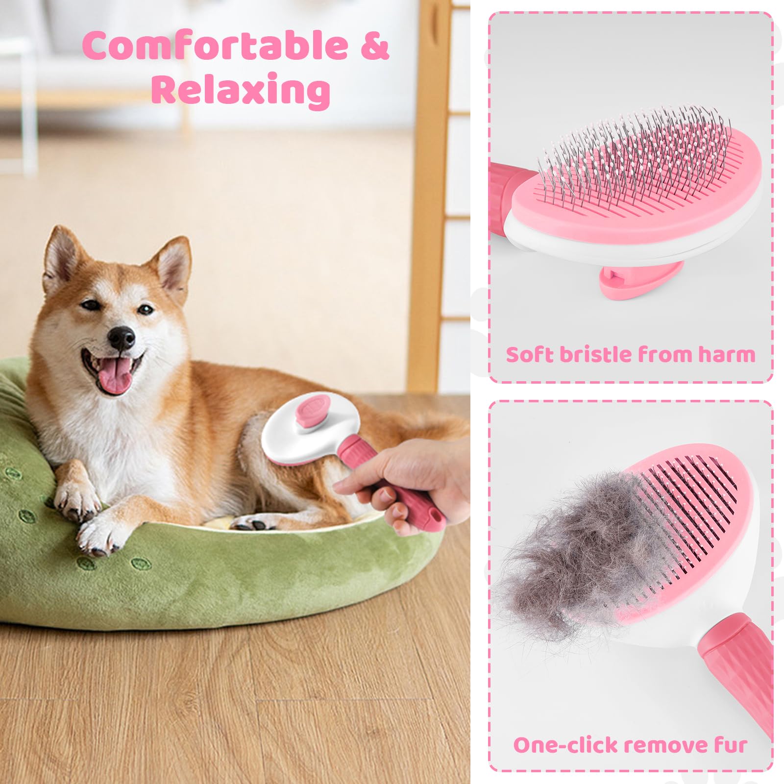 Odoland 6-in-1 Dog Grooming Kit - Slicker Brush, Undercoat Rake, Hair Removal Comb & Nail Clippers for Long Haired Dogs, Cats & Puppies | Pet Shedding Tool & Care Essentials for Home Grooming (Pink)