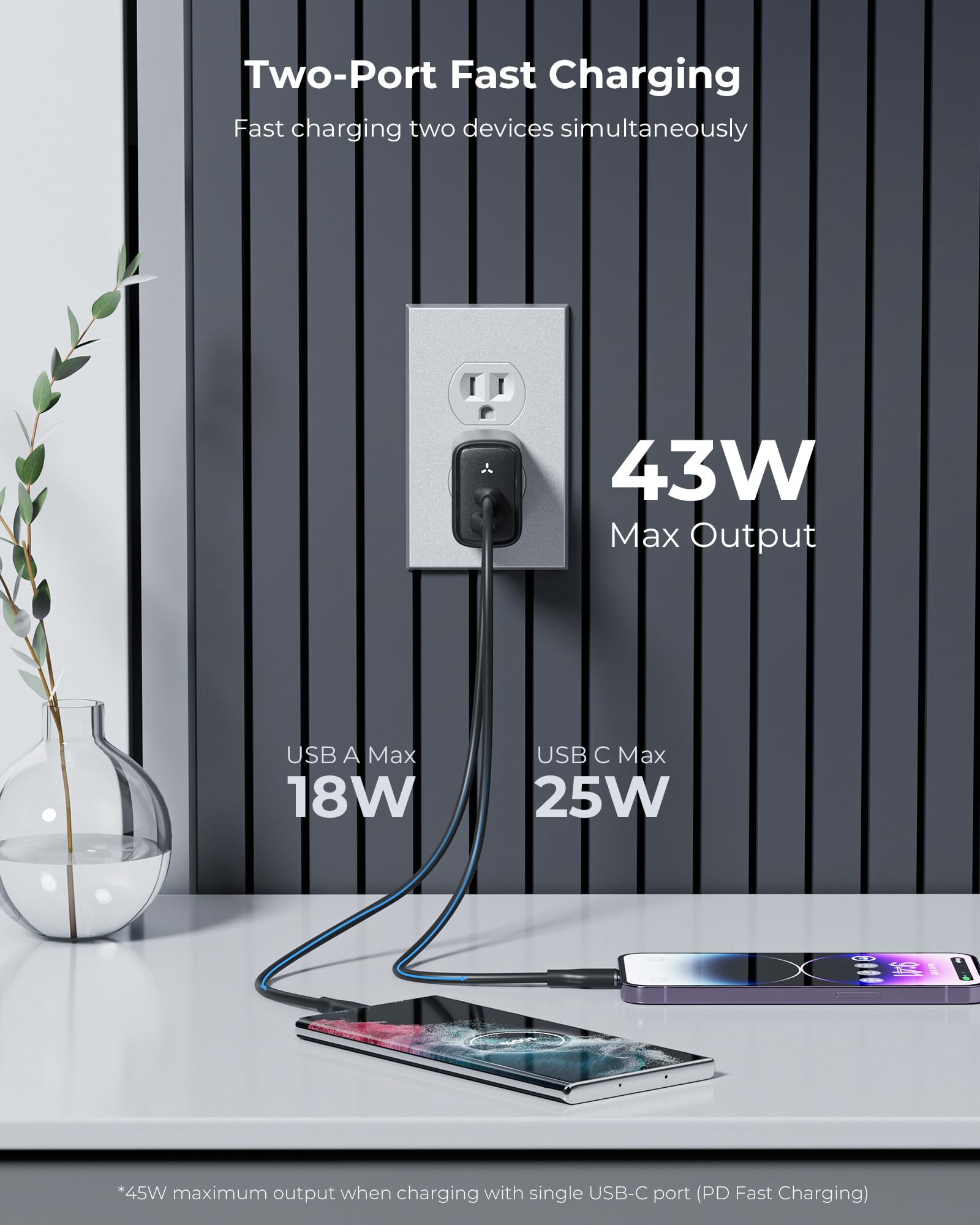 VOLTME 45W GaN PPS Fast Charger with USB-C & USB-A Ports | Foldable Compact Design | Compatible with iPhone 16/15/14, Galaxy S24/S23/S22, MacBook Air, iPad | Perfect for Travel, Office & Home Charging (Black)