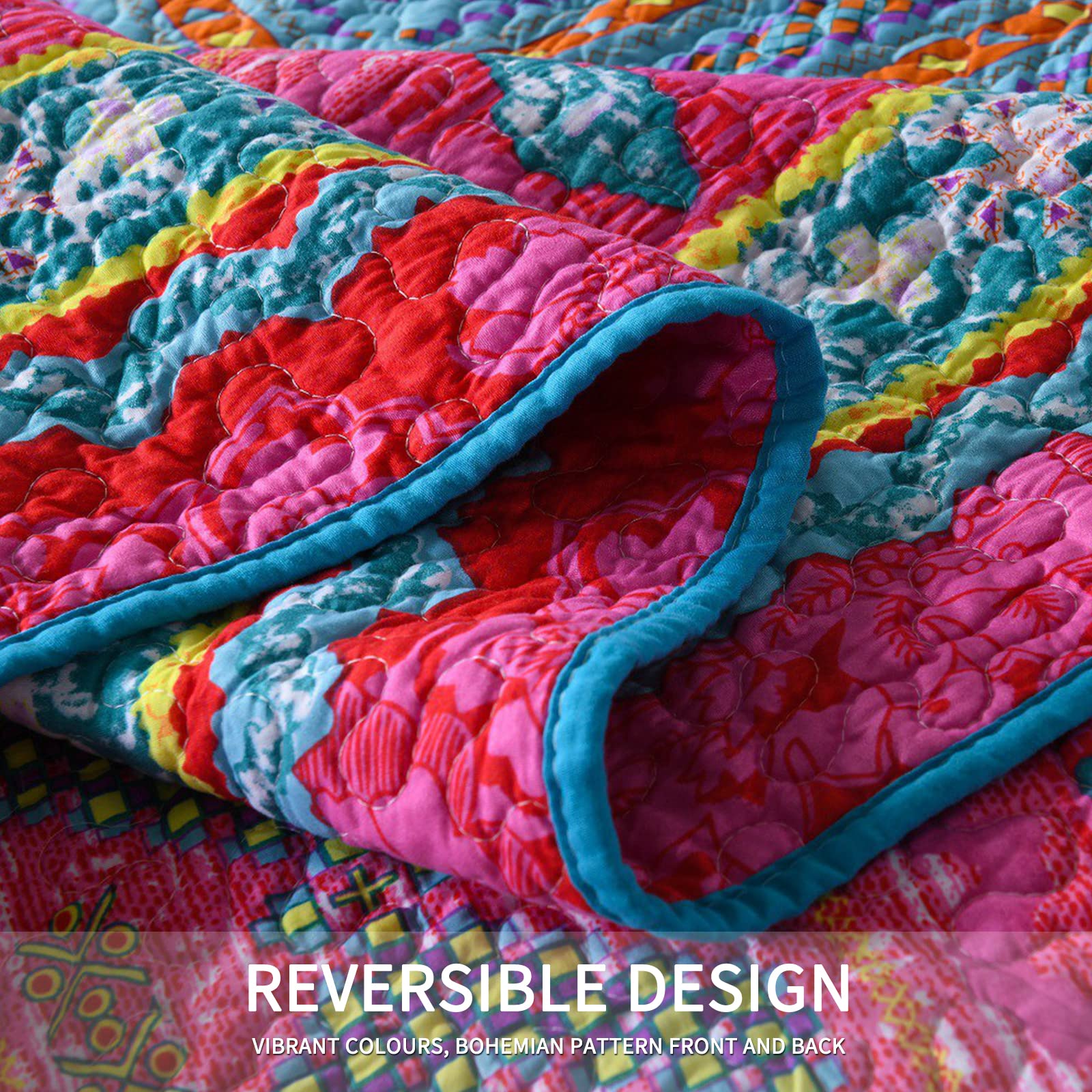 Qucover Boho Quilt Throw - Soft Microfiber Pink & Blue Bohemian Bedspread, Ethnic Style Lightweight Blanket for Couch, Sofa, Bed (Small Single) - Perfect for Cozy Nights, Home Decor & Bohemian Style Living Rooms