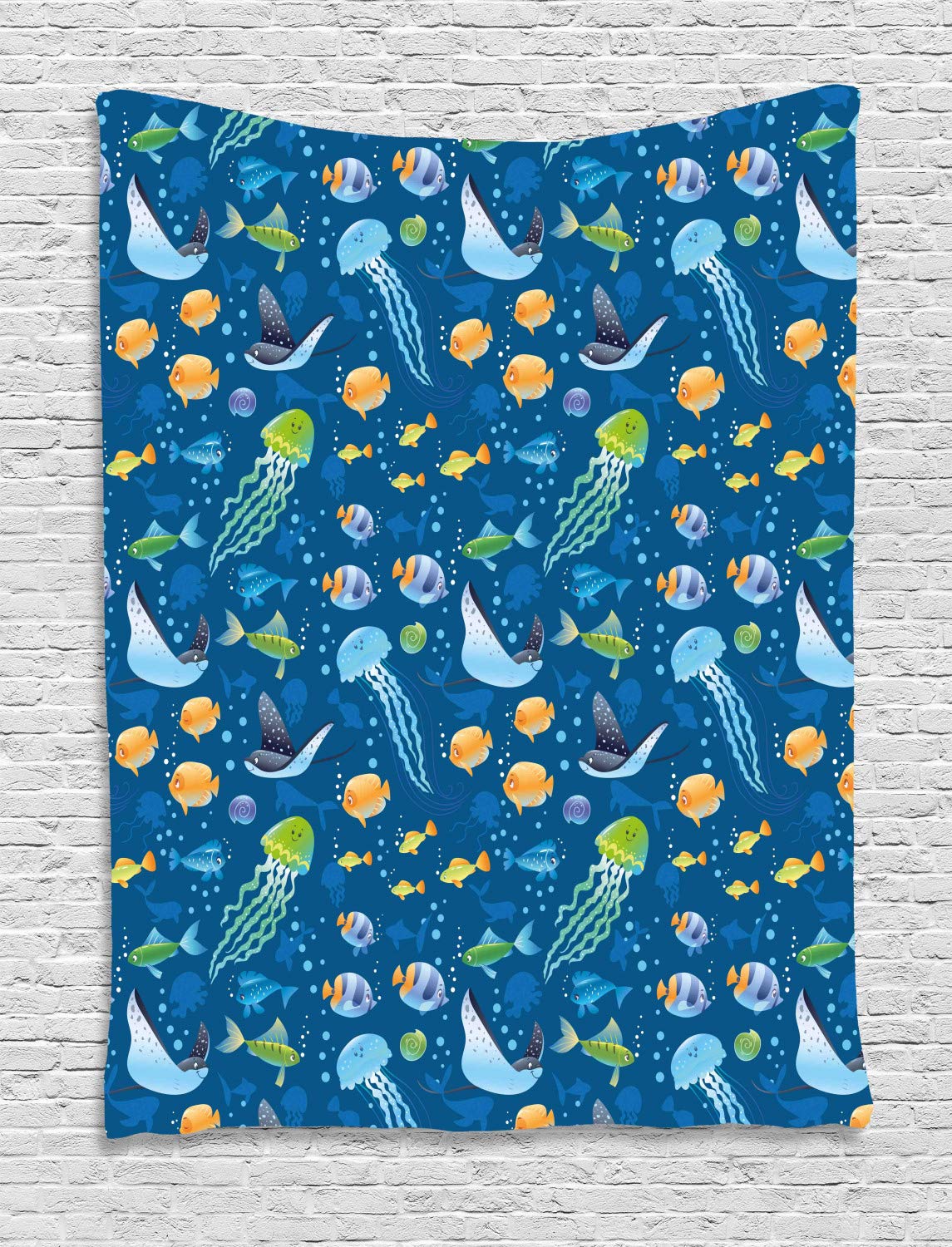 Ambesonne Under the Sea Tapestry - Ocean Theme Wall Decor with Fish, Turtle & Marine Life in Dark Sky Blue Multicolor, 60x80 Inches - Perfect for Bedroom, Living Room, Dorm & Beach House Decor