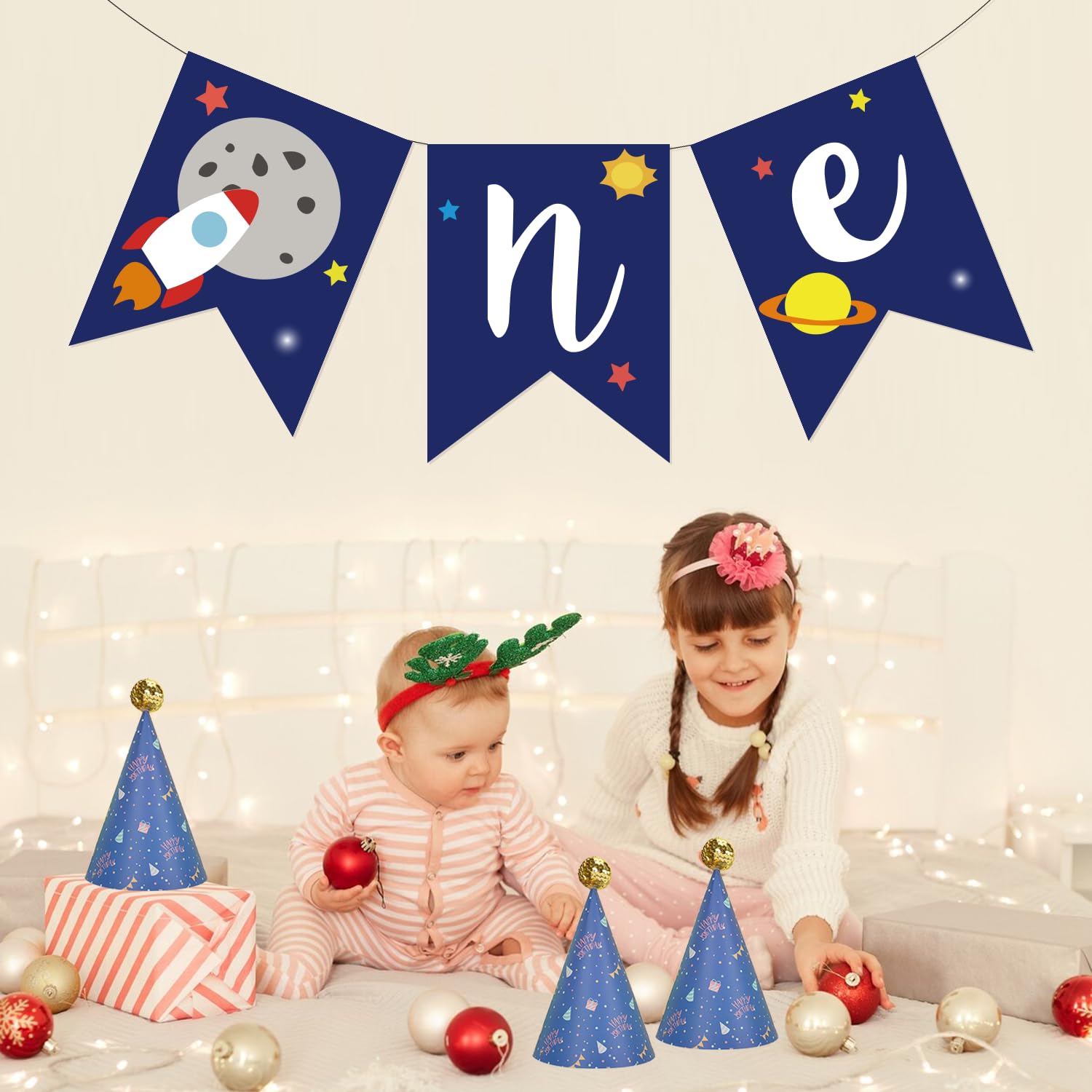 First Birthday Banner & Party Hats - Outer Space Theme 1st Birthday Decorations, High Chair Banner with Planets, Complete Space Party Supplies for Baby's First Trip Around The Sun Celebration | Perfect for Space-Themed Birthday Parties, Baby Showers & Milestone Celebrations