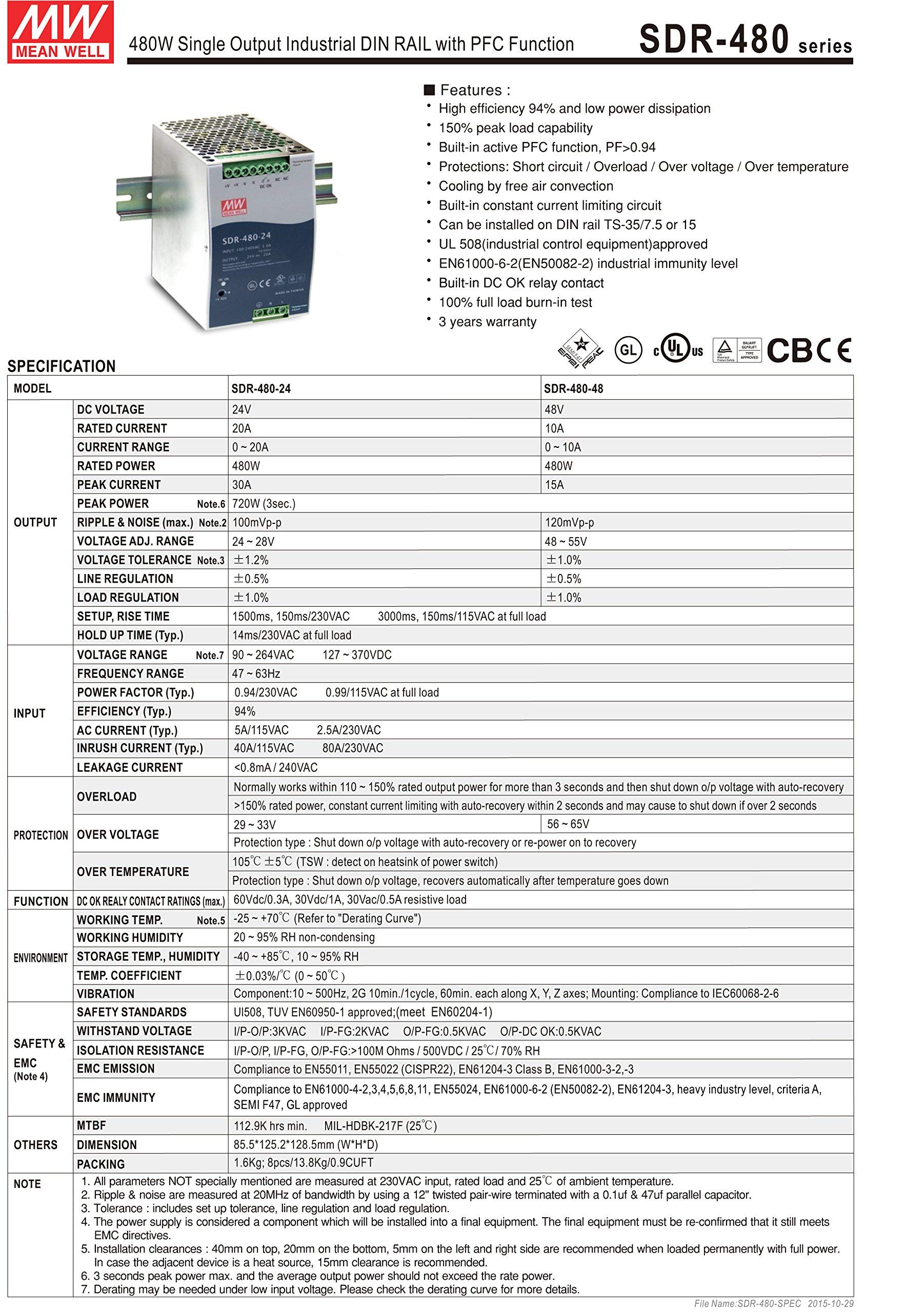 MW Mean Well SDR-480-48 48V 10A DIN Rail Power Supply - Industrial Grade Switching Power Supply for Automation, LED Lighting & Control Systems