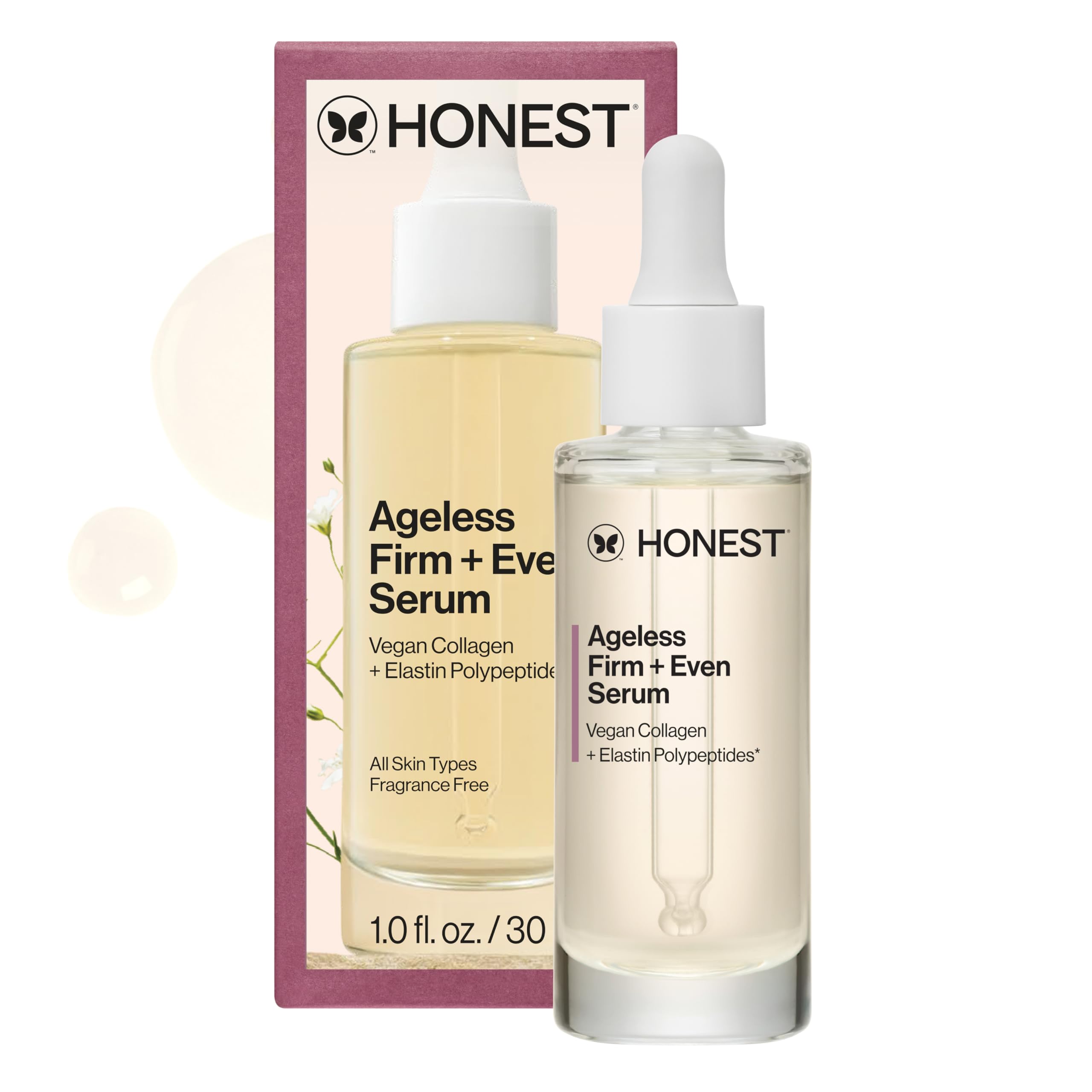 Honest Beauty Ageless Firm & Even Serum with Vegan Collagen & Elastin Polypeptides - Firming & Brightening Face Serum for Youthful Skin - Fragrance Free, EWG Verified, Vegan, Cruelty-Free (1 fl oz) - Perfect for Daily Skincare Routine & Anti-Aging Treatment
