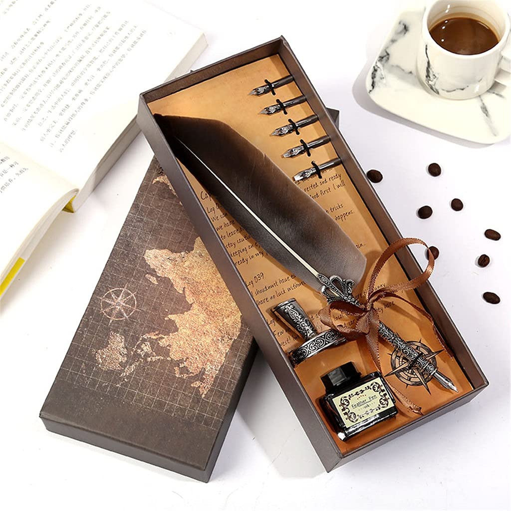 Vintage Calligraphy Feather Dip Pen Set - Retro Quill Fountain Pen with Ink for Handwriting & Lettering | Perfect for Wedding Invitations, Scrapbooking & Artistic Writing (Color: Black)