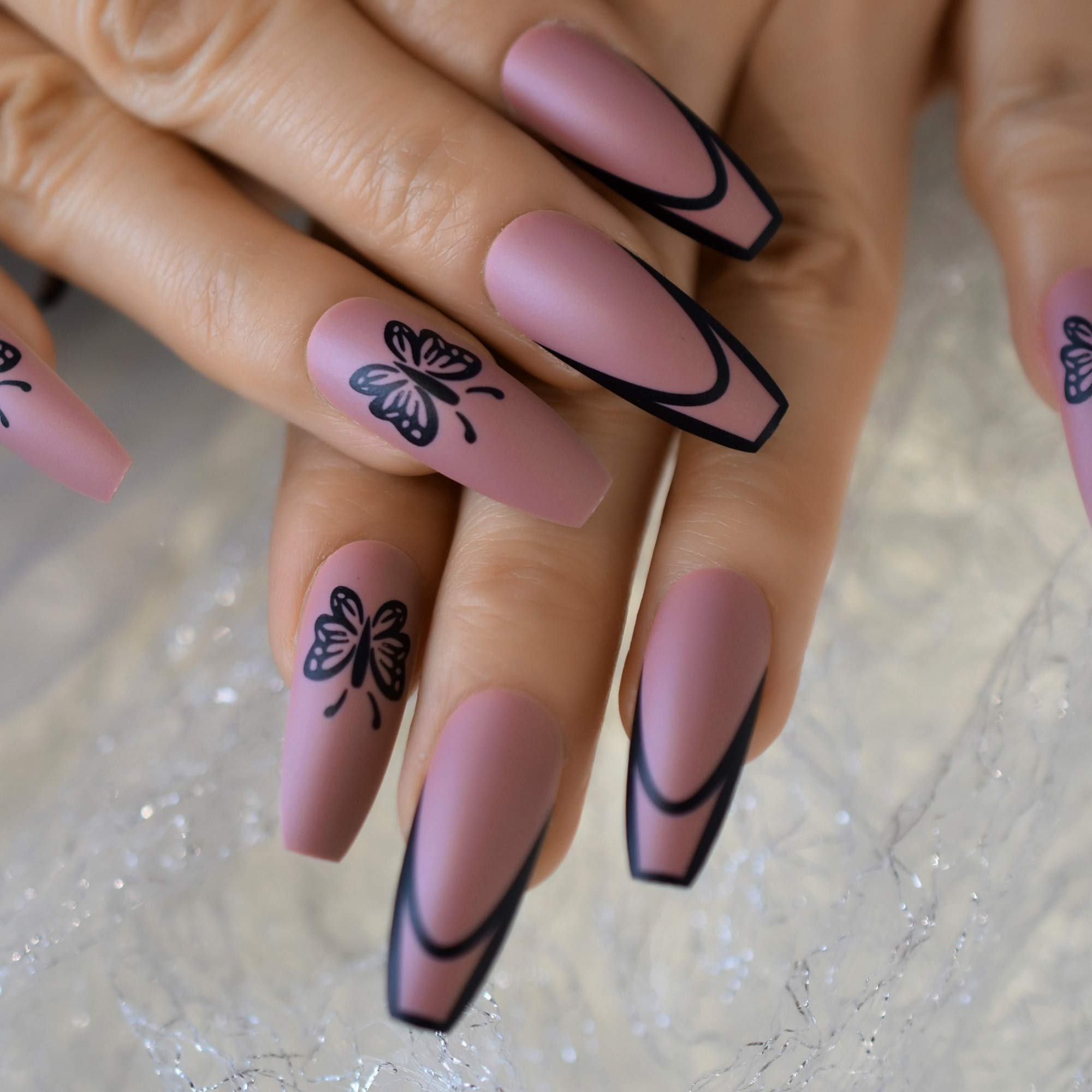 Matte Butterfly Press On Nails - Pink & Purple Coffin Fake Nails with Full Cover Tips for Salon & DIY Manicure | Perfect for Parties, Weddings & Special Occasions