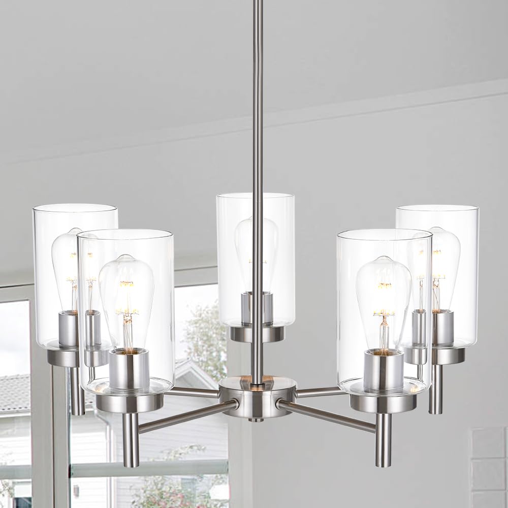 5-Lights Modern Chandelier in Brushed Nickel - Farmhouse Style Dining Room Pendant Light with Clear Glass Shades - Perfect for Kitchen, Living Room, Bedroom - Compatible with E26 Bulb Base - Elegant Ceiling Lighting for Home Decor