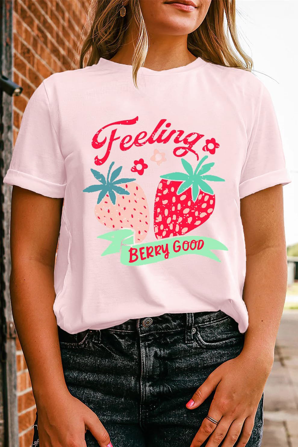 LBP Women's Cute Strawberry Graphic T-Shirt - Fruit Lover Casual Tee with 'Feeling Berry Good' Print - Perfect for Summer Outfits, Girls Day Out & Casual Wear