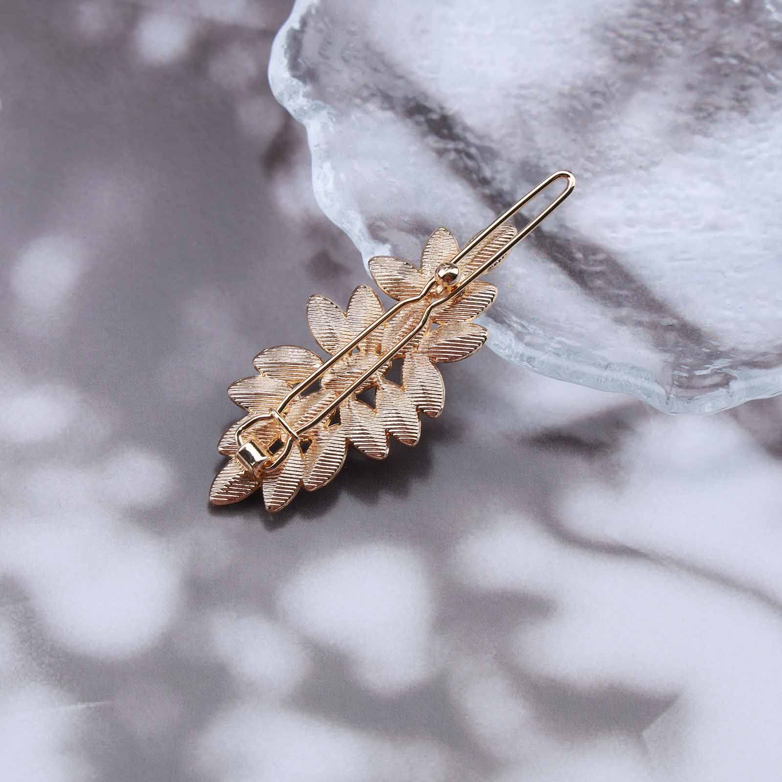Bohemian Rhinestone Crystal Leaf Hair Clip - Gold Leaf Side Barrette Hairpin for Women & Girls - Bridal CZ Headpiece Accessory - Perfect for Weddings, Parties & Everyday Elegance