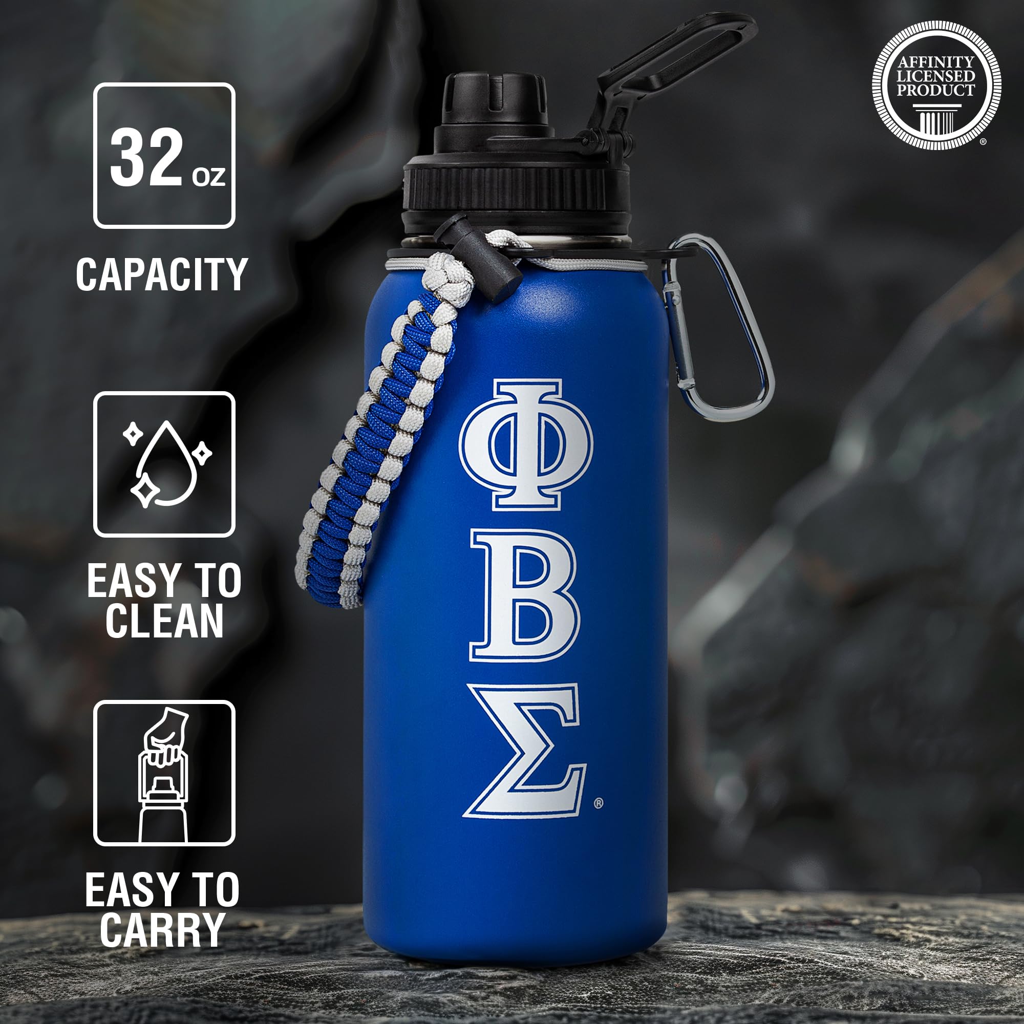 Official Phi Beta Sigma 32oz Insulated Tumbler with Paracord Handle & Carabiner Clip - Greek Letter Fraternity Stainless Steel Cup for College Students, Alumni Events & Outdoor Adventures