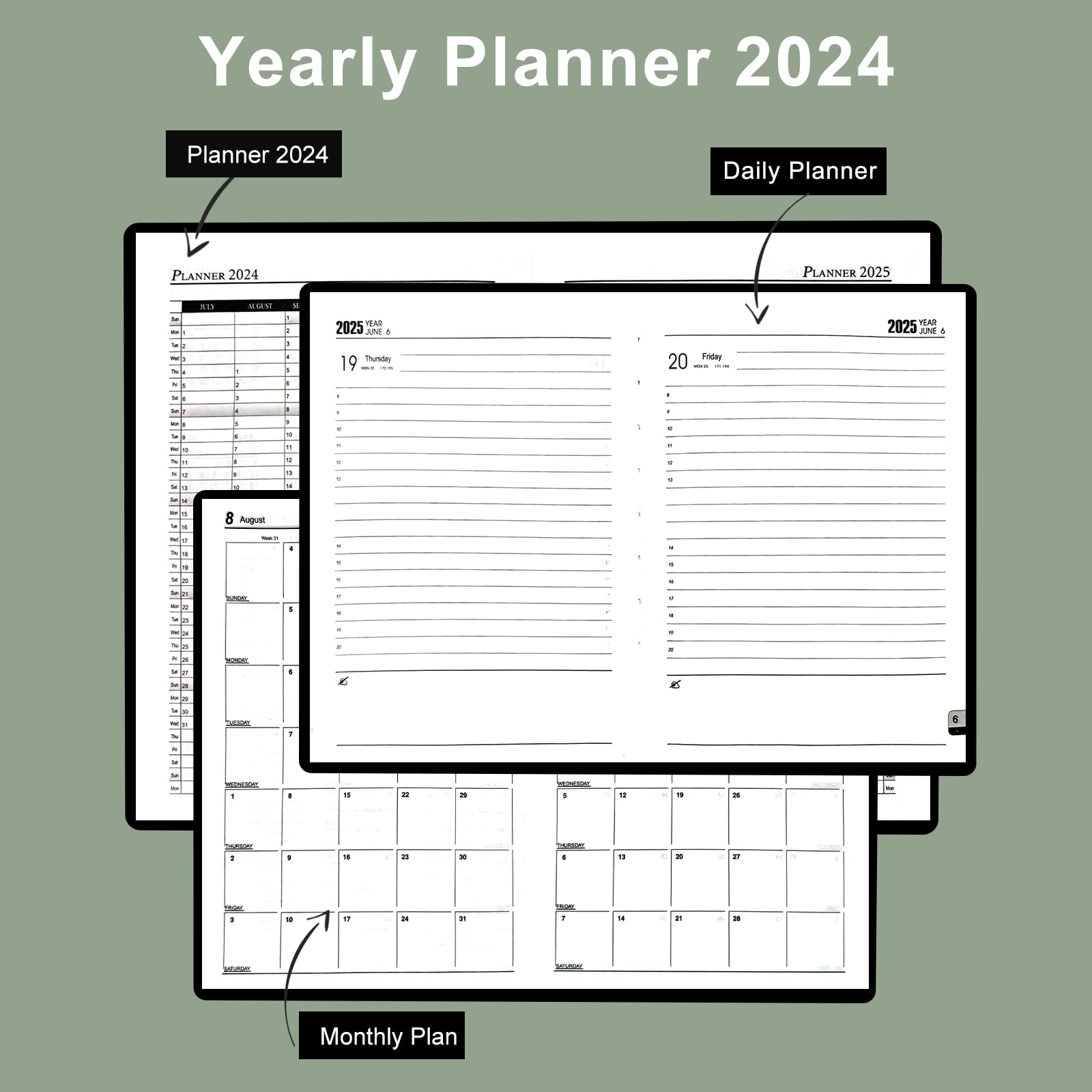 2024-2025 Academic Diary Planner - July 2024 to June 2025 A5 Day-to-Page Organizer with Calendar Stickers, Pen Holder & Premium Thick Paper (14x21.5cm, Green) - Perfect for Students, Teachers & Office Professionals