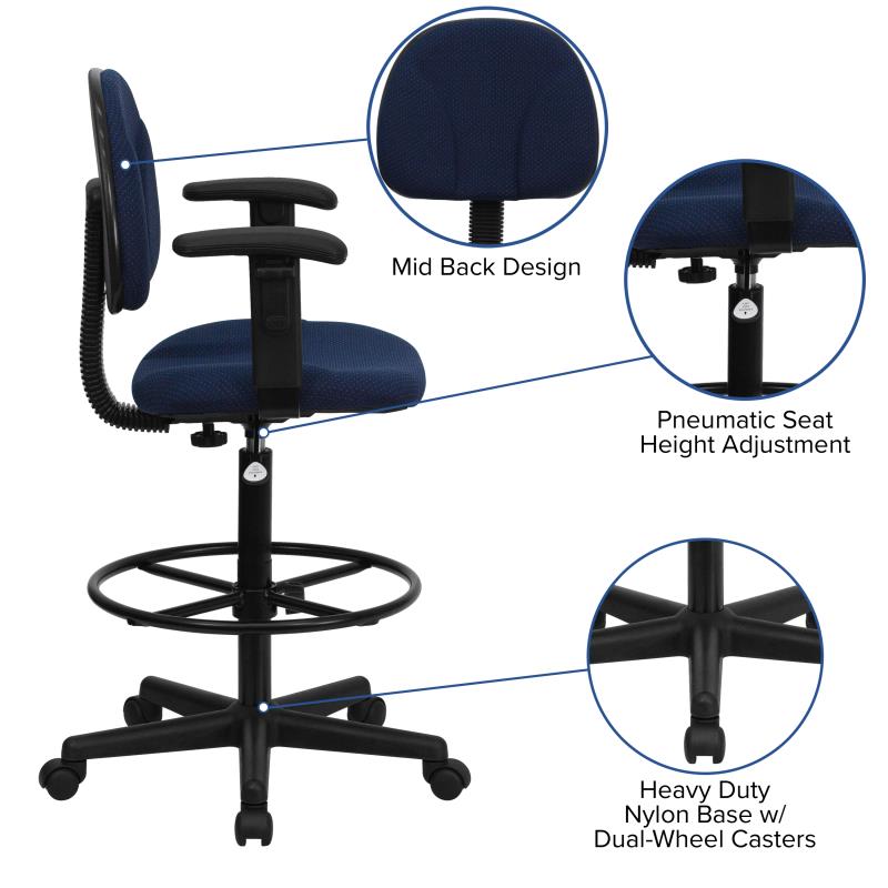 FLASH Patterned Fabric Drafting Chair BT 659 - Adjustable Height Office Chair for Artists, Architects & Designers - Ergonomic Stool for Drafting Table, Studio & Workspace