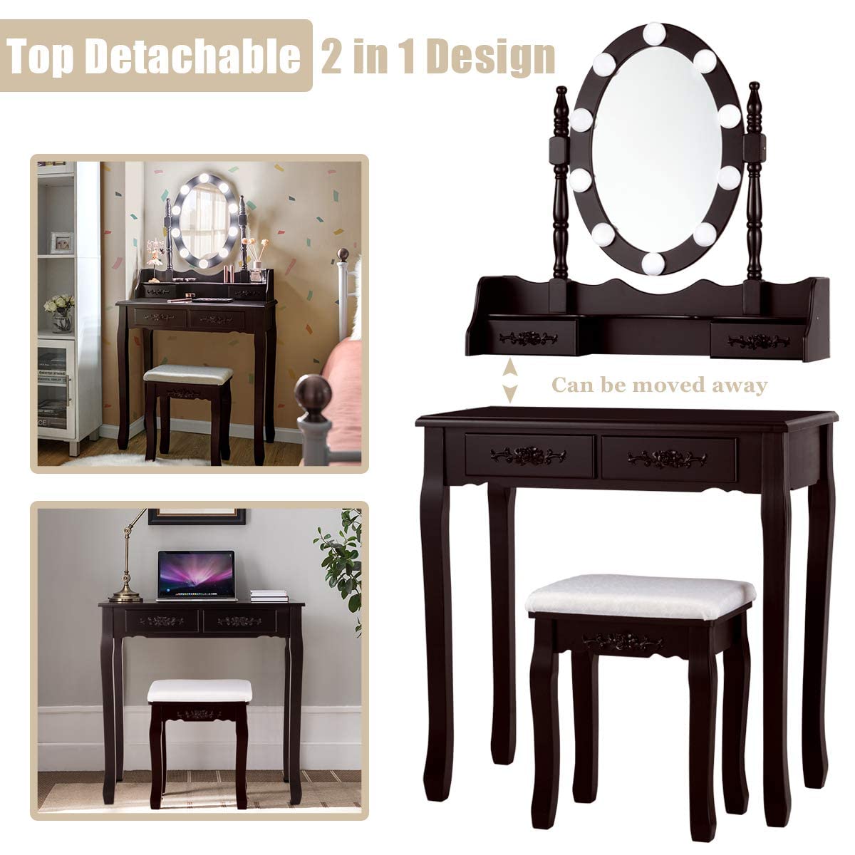 Giantex LED Makeup Vanity Table with Adjustable Brightness & 3 Light Modes - 10 LED Lights, Rotatable Mirror, 4 Drawers & Cushioned Stool - Dressing Table for Bedroom, Home Decor & Beauty Salon (Espresso) - Perfect for Makeup Application, Skincare Routine & Hair Styling