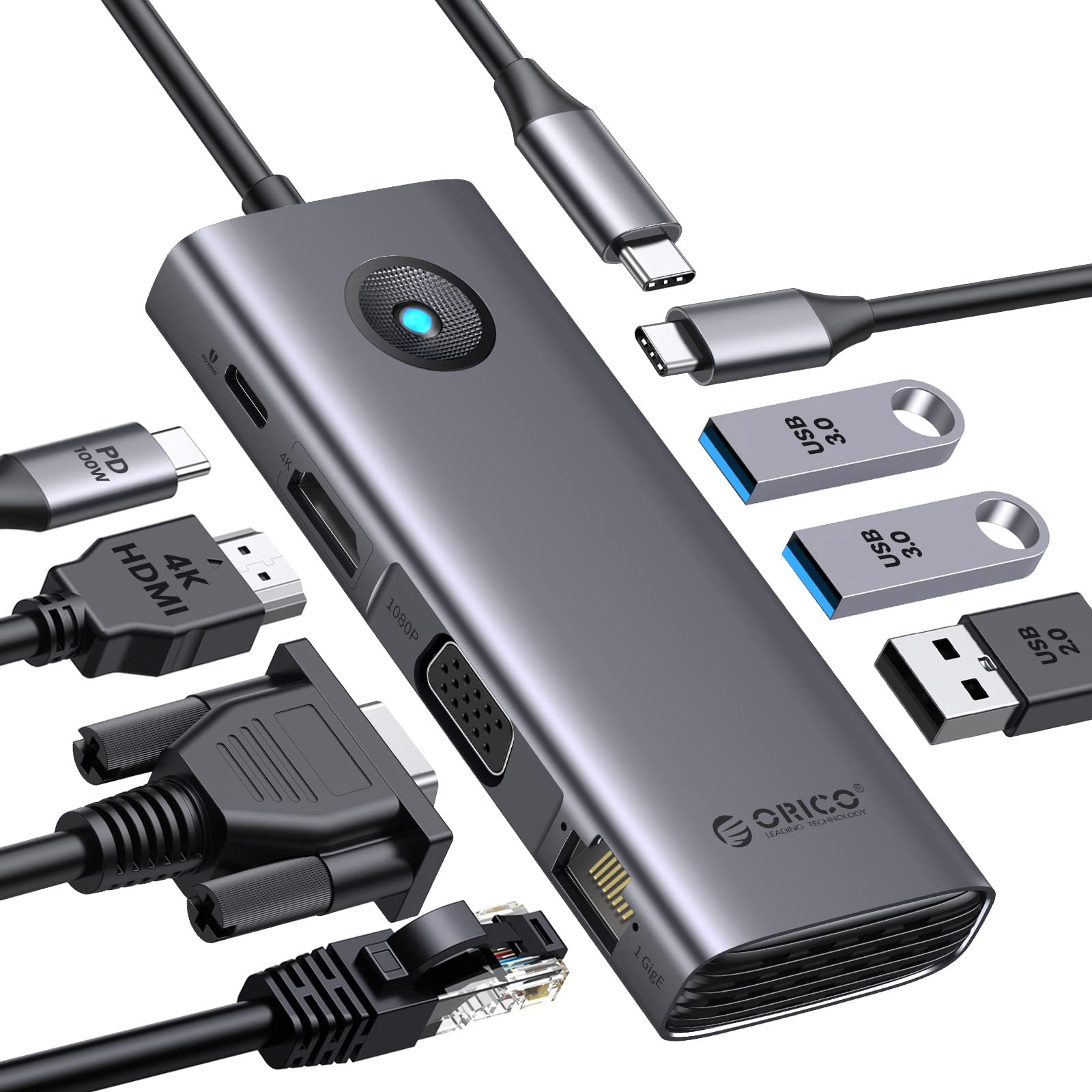 ORICO 8-in-1 USB C Docking Station with 4K HDMI, VGA, Gigabit Ethernet, 4 USB Ports & 100W PD - Compatible with MacBook, iPad, Steam Deck & Type C Devices - Perfect for Home Office, Gaming & Multi-Monitor Setup