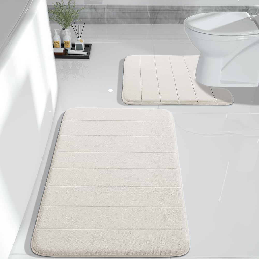 Yimobra 2-Piece Memory Foam Bath Mat Set - Ultra Soft, Quick Dry, Non-Slip Bathroom Rug (31.5x19.8+24x20.4 inches) - Cream White Absorbent Floor Mat for Shower, Bathtub & Bathroom Safety