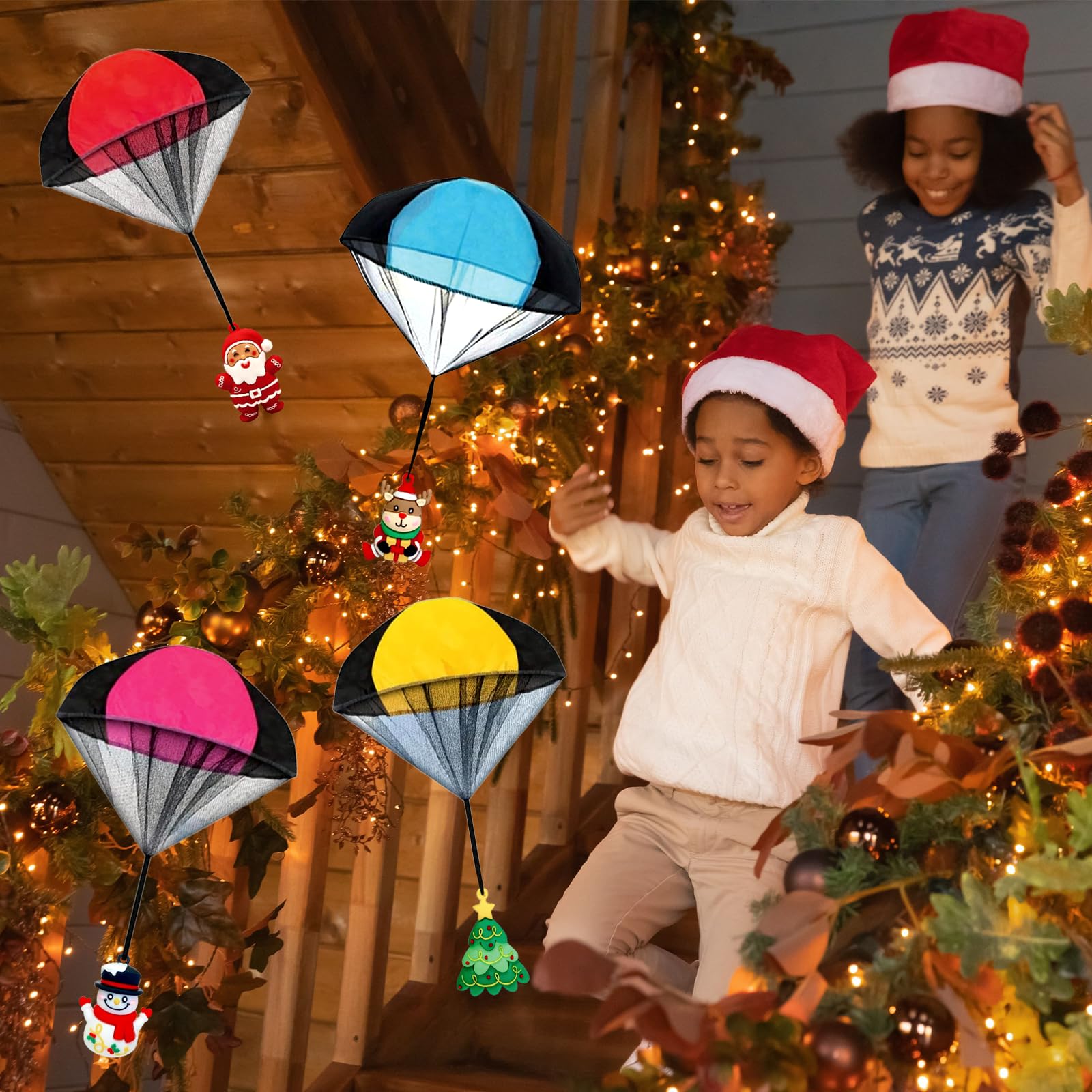 4Pcs Christmas Parachute Toys for Kids - Hand Throw Flying Toys for Boys & Girls - Stocking Stuffers, Party Favors & Xmas Gifts - Outdoor Play, Birthday Parties & Holiday Fun