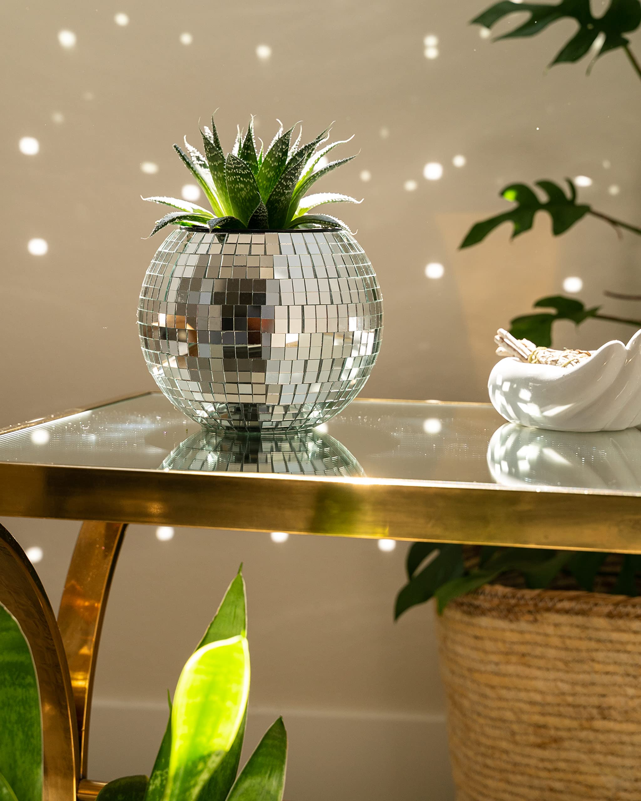 8 Inch Hanging Disco Ball Planter with Acrylic Stand & Macrame Hanger - Modern Home Decor for Living Room, Bedroom, Office - Perfect for Plants, Succulents, or Decorative Display (Includes 6