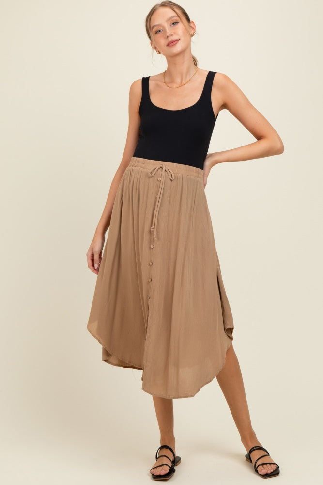 Stylish Beige Button-Detail Round Hem Maternity Skirt for Pregnancy Comfort - Perfect for Work, Casual Outings & Baby Showers