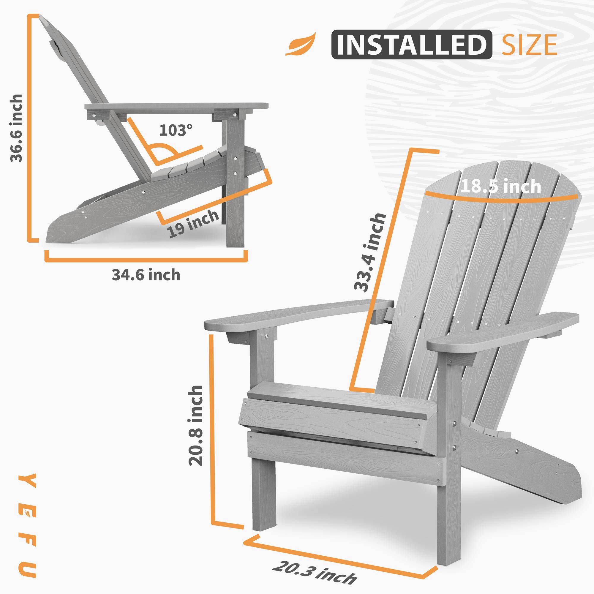 **Weather-Resistant YEFU Adirondack Chair - Durable Plastic Outdoor Patio Chair with Wood Texture - Perfect for Lawn, Fire Pit, Deck, Porch & Garden (Grey) - Ideal for Relaxing & Entertaining Outdoors**