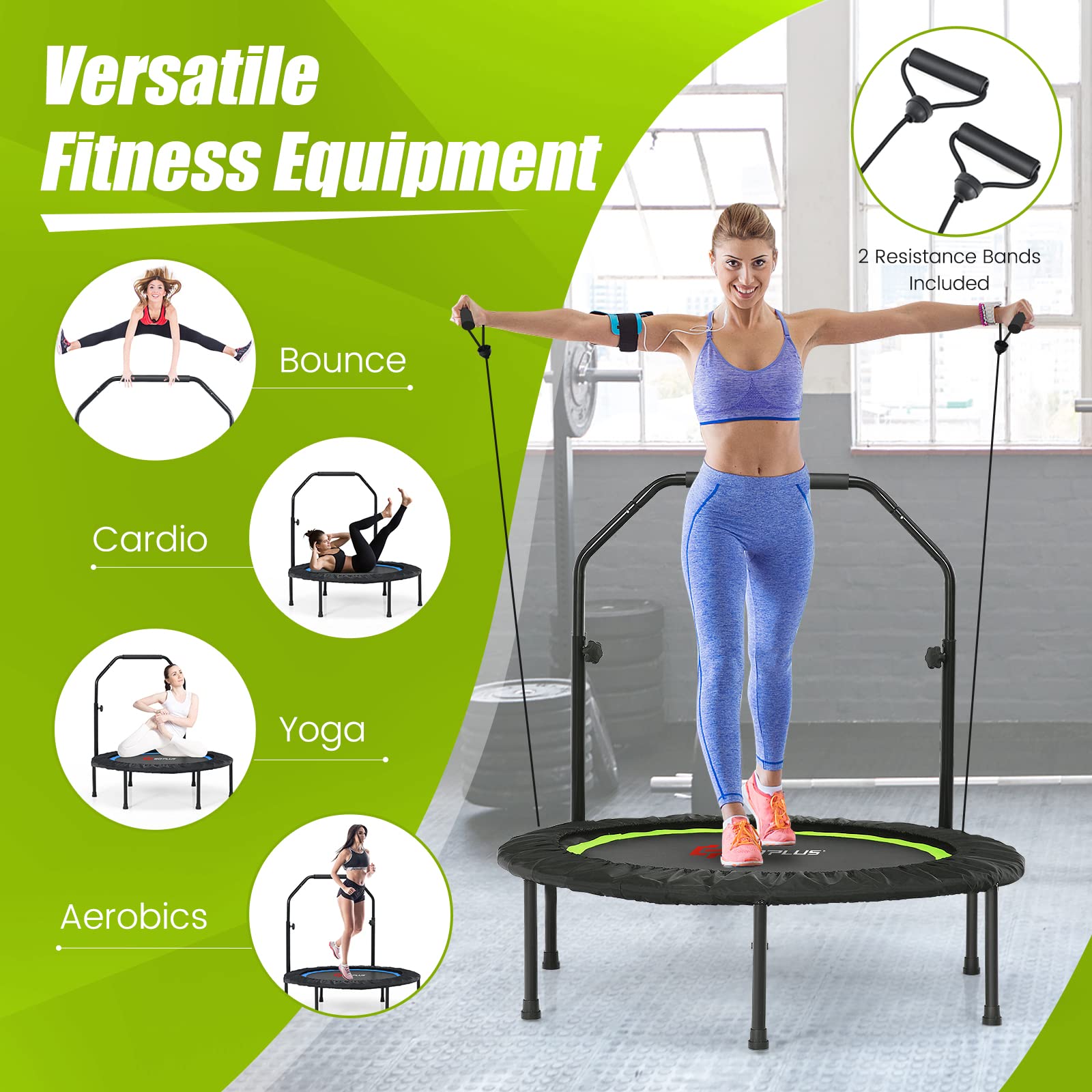 Goplus 40” Folding Fitness Trampoline with Safety Handrail - Adjustable 4-Level Height, Includes 2 Resistance Bands - Portable Mini Exercise Rebounder for Indoor & Outdoor Workouts - Perfect for Home Gym, Cardio Training, Weight Loss, and Family Fitness Activities