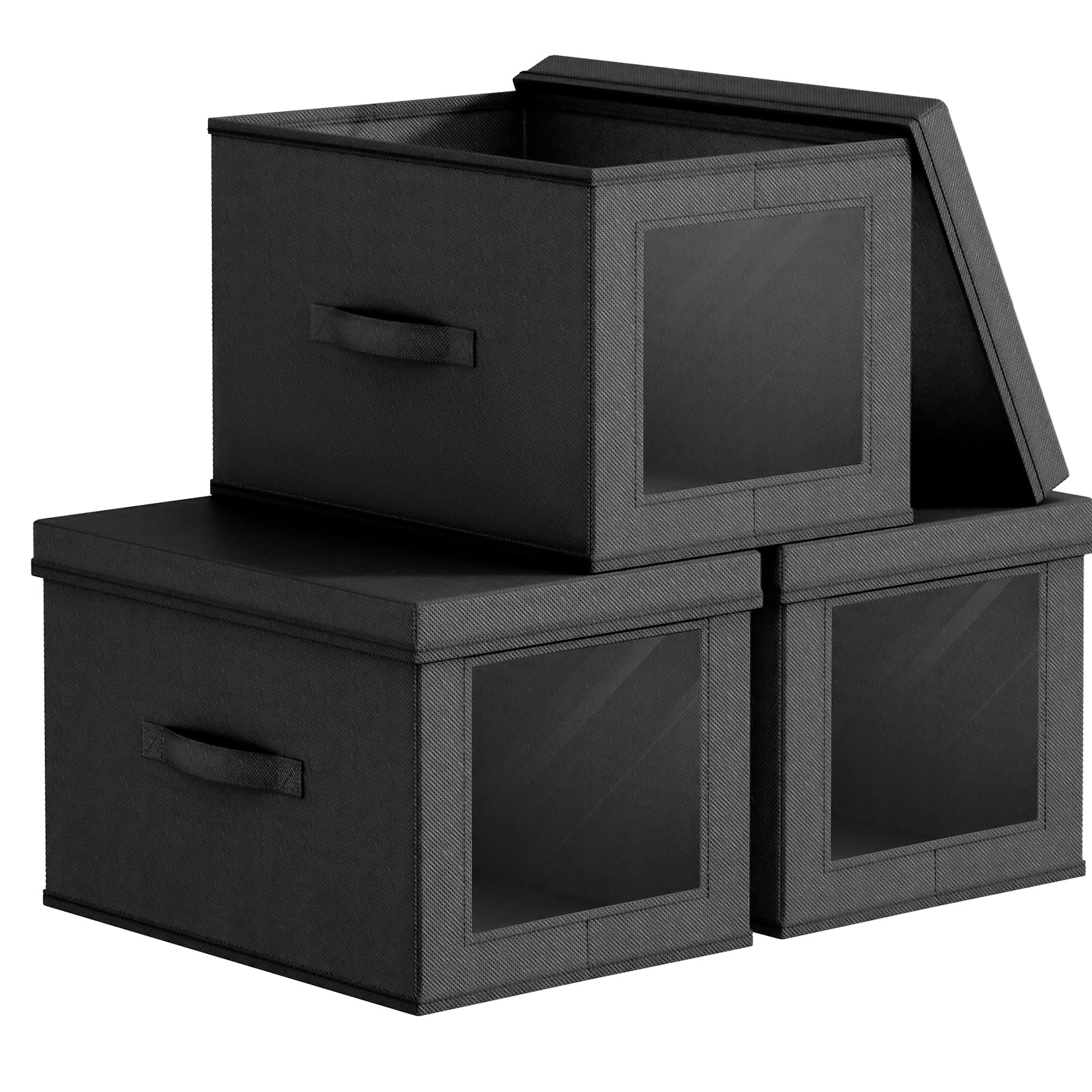 Foldable Storage Bins with Lids - 15 Inch Collapsible Closet Organizer Boxes with Side Window & Handles, 3-Pack Black Decorative Storage Containers for Living Room, Bedroom, Office & Shelves - Perfect for Home Organization & Space Saving