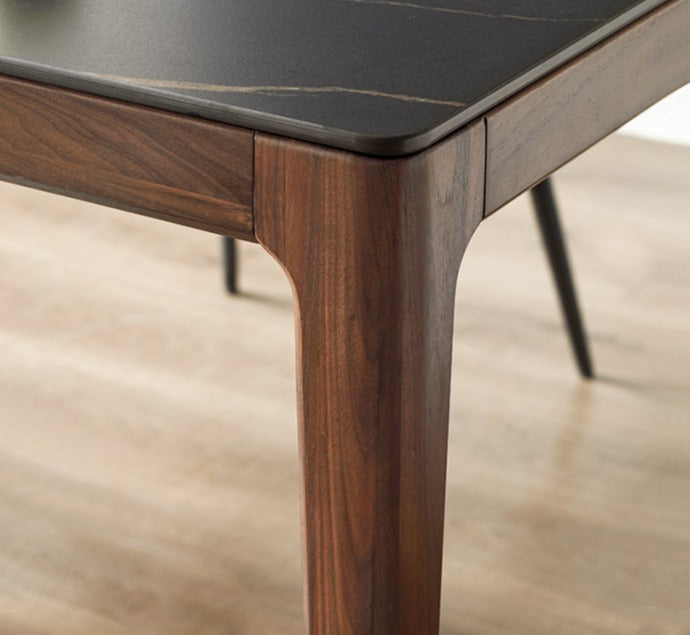 Premium Black Walnut Wood Dining Table with Natural Slate Stone Top - Elegant Farmhouse Style for Dining Room, Kitchen, or Rustic Home Decor