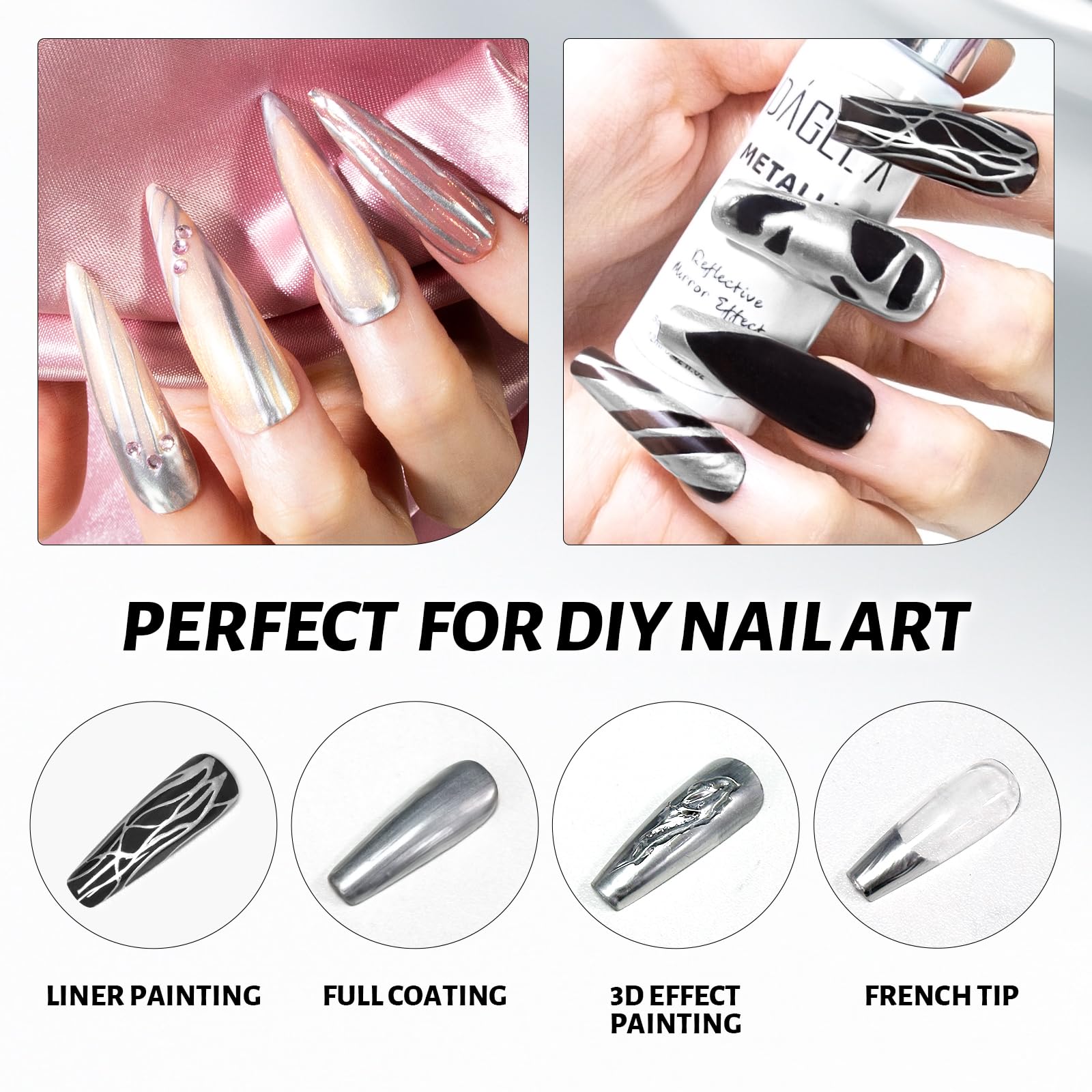 DAGEDA 12ml Metallic Silver Nail Polish Gel - Mirror Chrome High Gloss UV/LED Soak Off DIY Nail Art with Thin Brush - Perfect for Salon, Home Manicure & Party Nail Designs