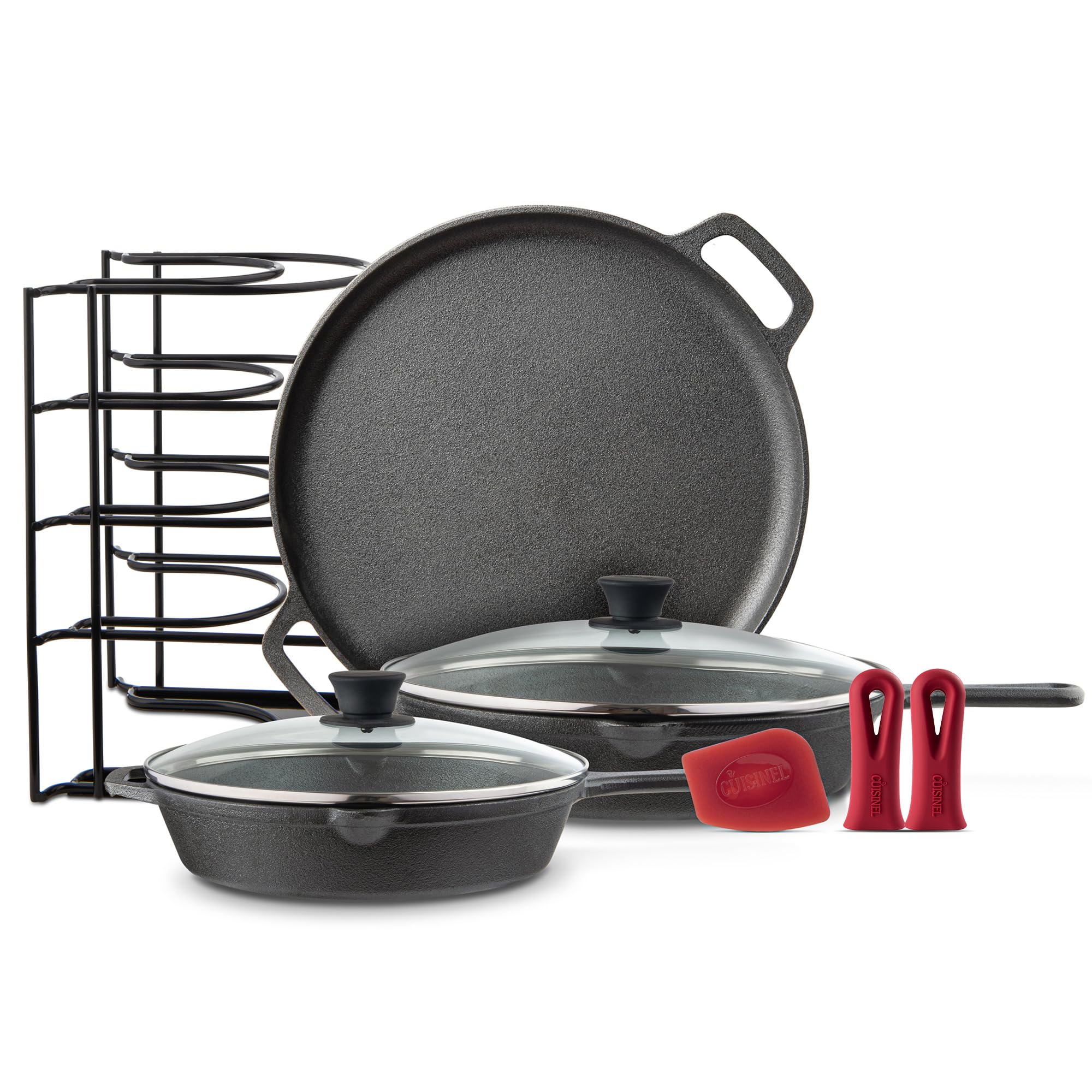 Cuisinel 9-Piece Cast Iron Cookware Set - Pre-Seasoned Skillets (10